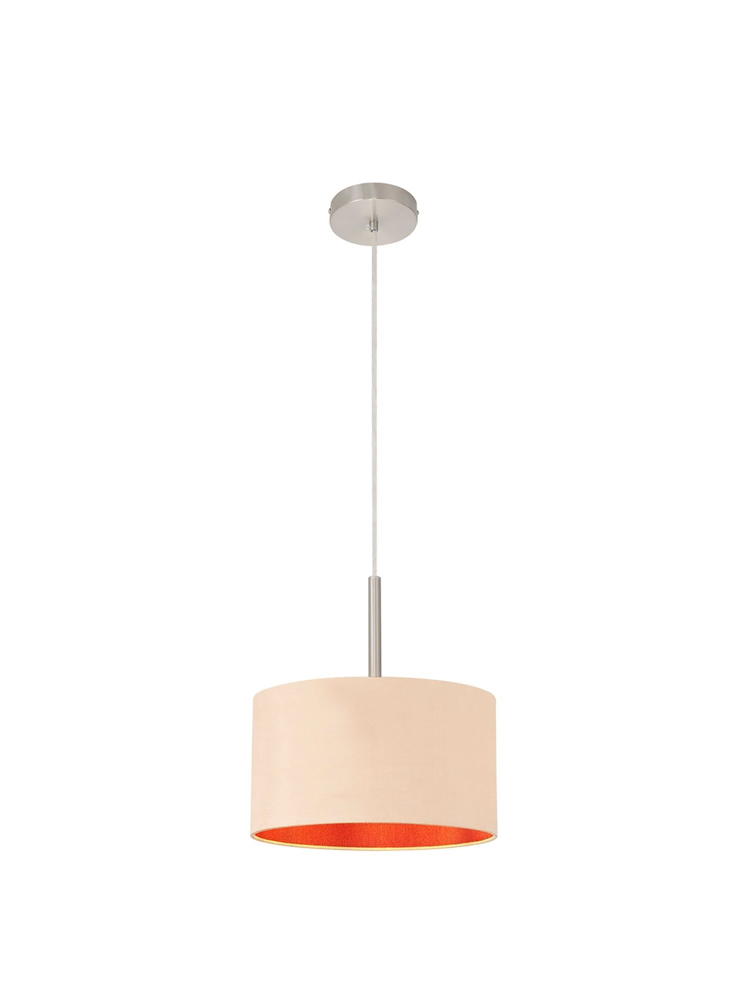 Baymont Satin Nickel 1 Light E27 3m Single Pendant c/w 300 x 170mm Dual Faux Silk Fabric Shade, Antique Gold/Ruby