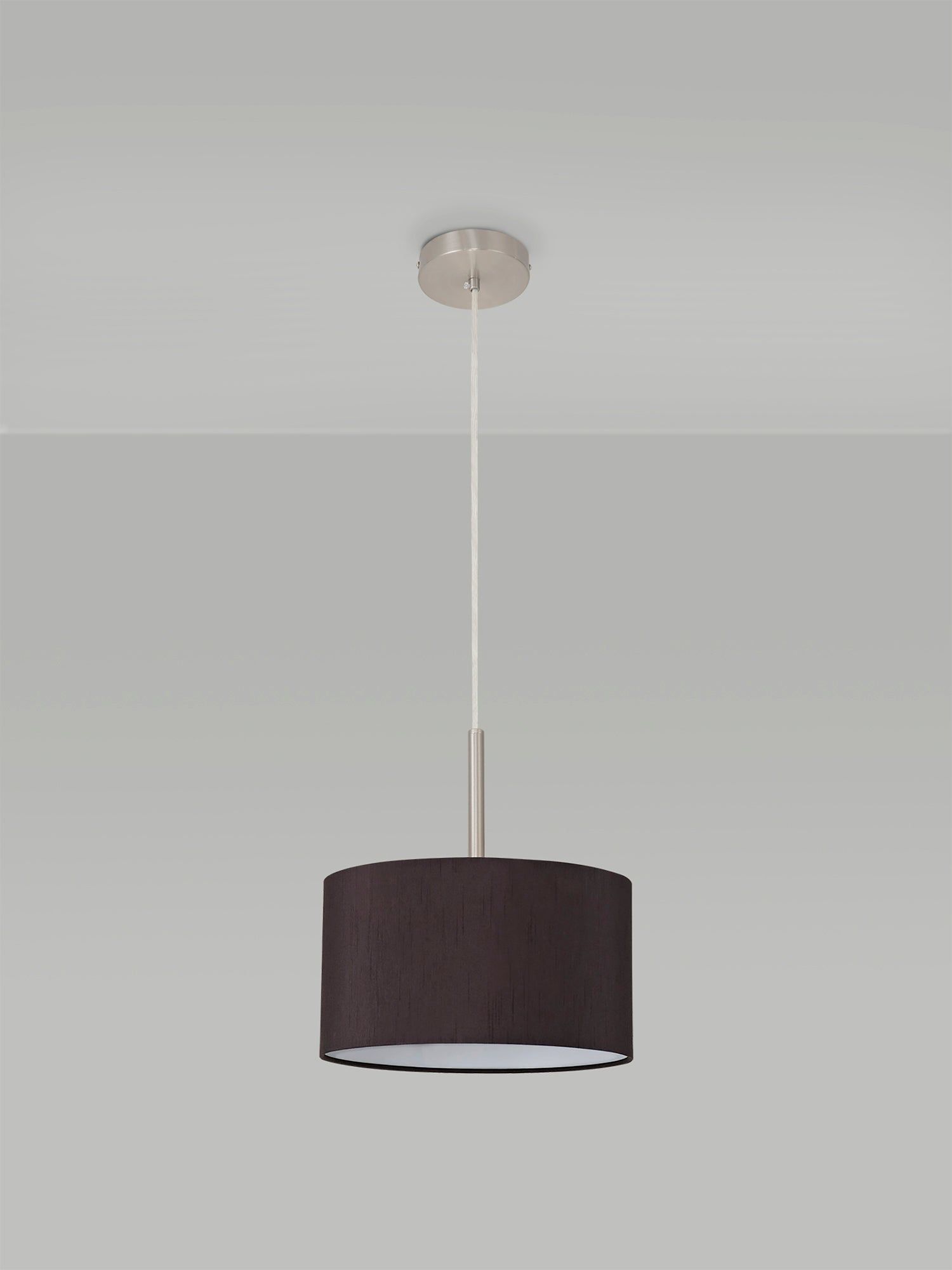 Baymont Satin Nickel 1 Light E27 3m Single Pendant c/w 300 x 170mm Faux Silk Fabric Shade, Black/White Laminate