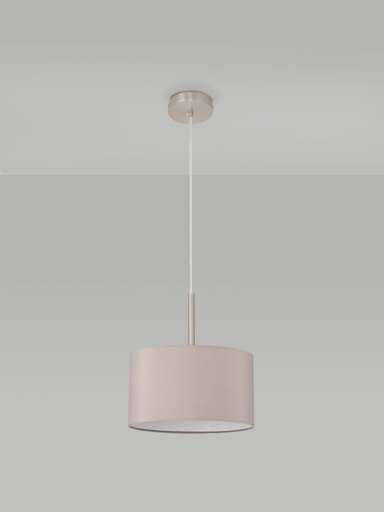 Baymont Satin Nickel 1 Light E27 3m Single Pendant c/w 300 x 170mm Faux Silk Fabric Shade, Grey/White Laminate