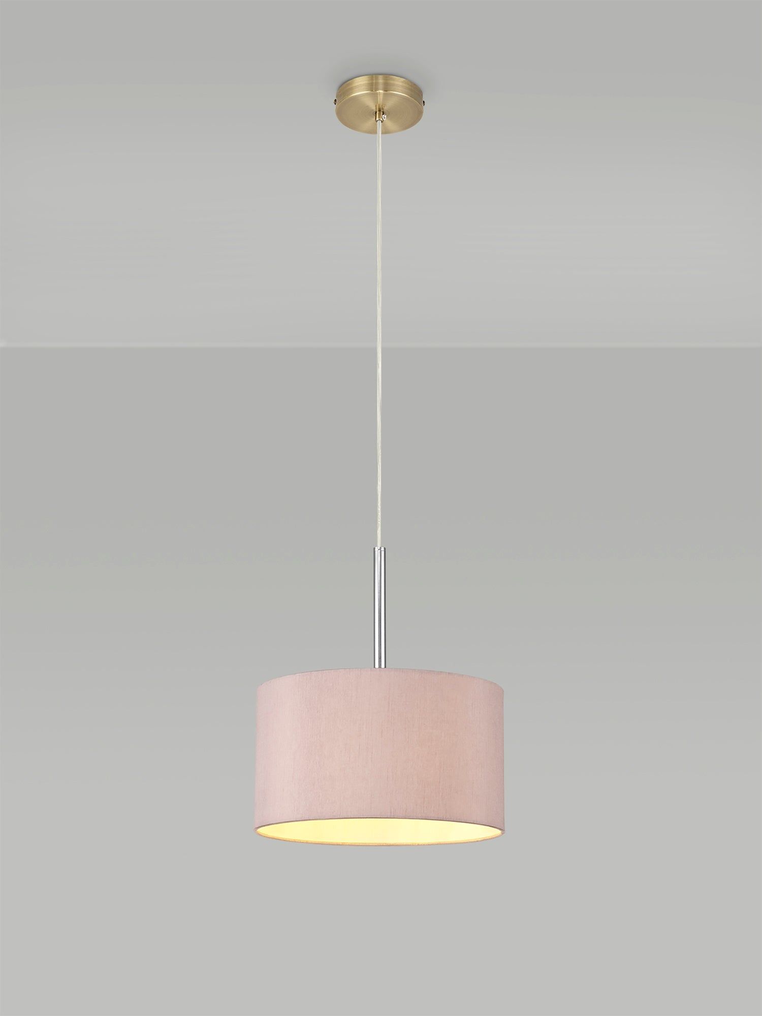 Baymont Antique Brass 1 Light E27 3m Single Pendant c/w 300 x 170mm Dual Faux Silk Fabric Shade, Taupe/Halo Gold &