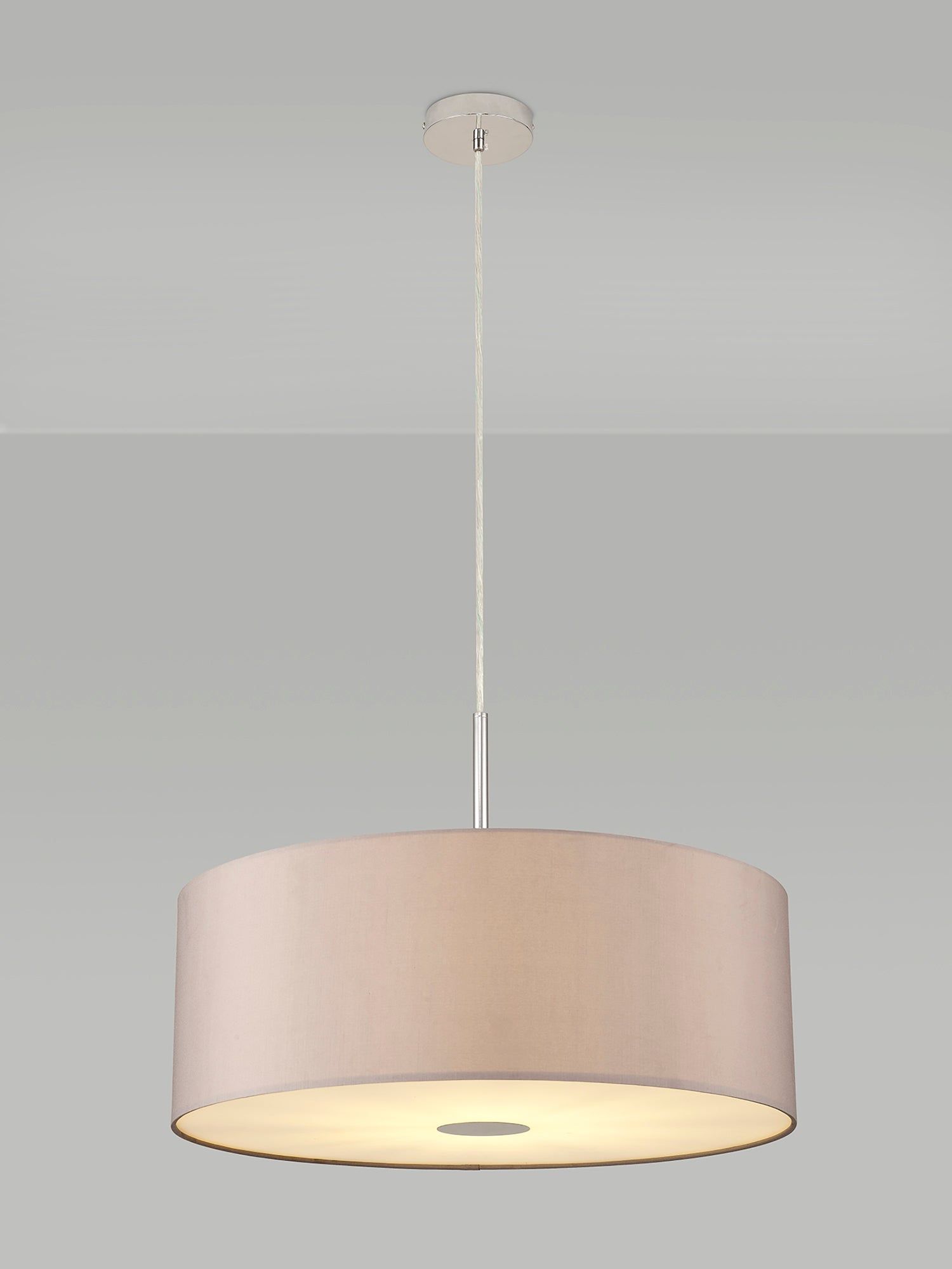 Baymont Polished Chrome 1 Light E27 3m Single Pendant c/w 600mm Faux Silk Shade, Grey/White Laminate c/w 600mm Frosted/PC Acrylic Diffuser