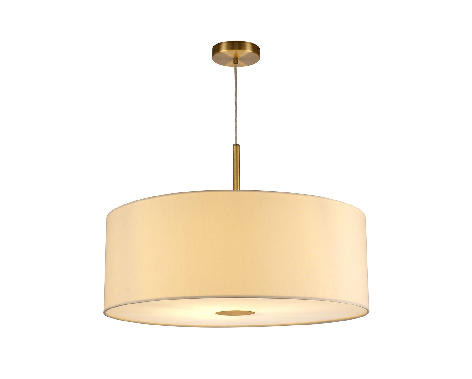 Baymont Antique Brass 1 Light E27 3m Single Pendant c/w 600mm Faux Silk Shade, Ivory Pearl/White Laminate c/w 600mm Frosted/AB Acrylic Diffuser