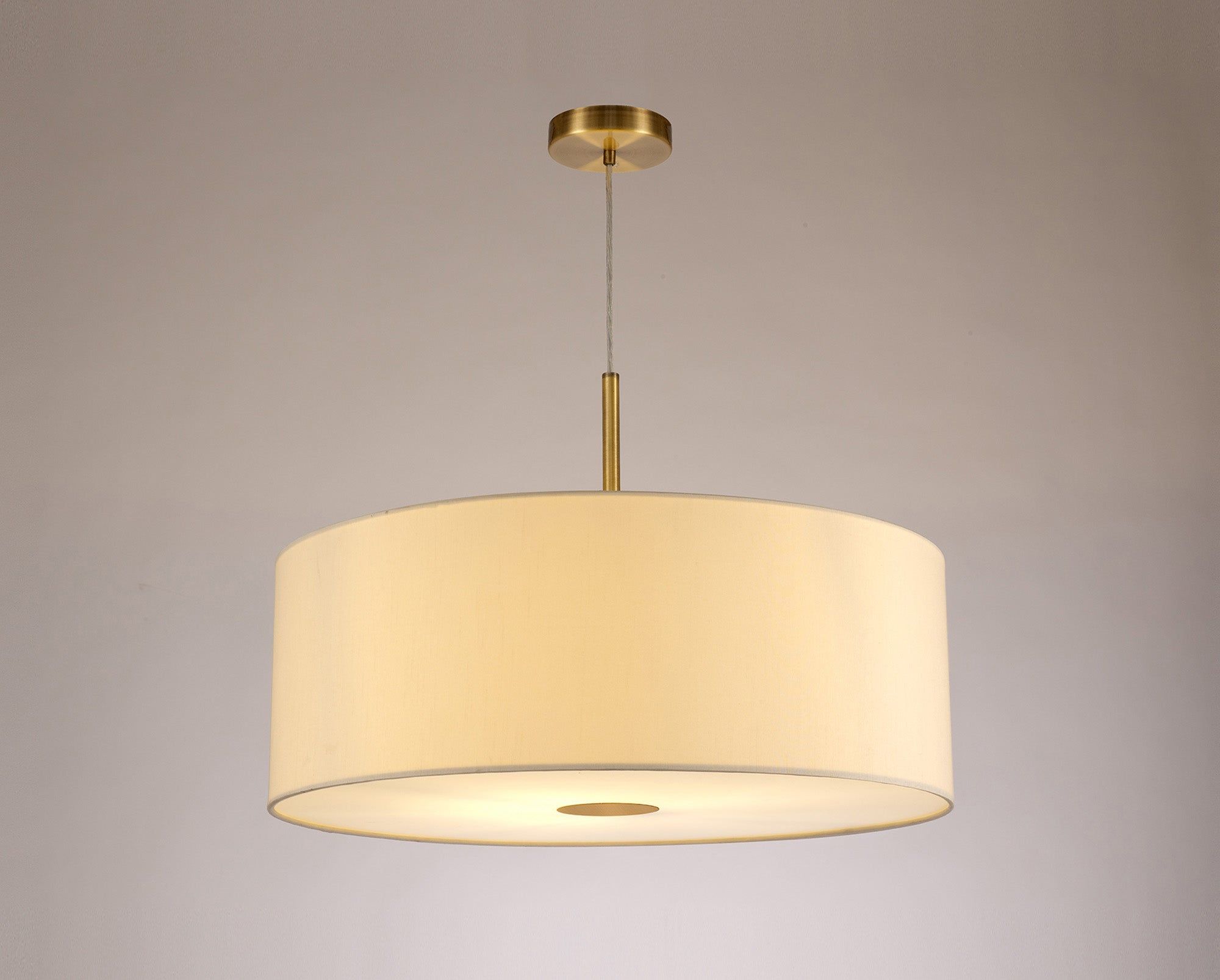 Baymont Antique Brass 1 Light E27 3m Single Pendant c/w 600mm Faux Silk Shade, Ivory Pearl/White Laminate c/w 600mm Frosted/AB Acrylic Diffuser