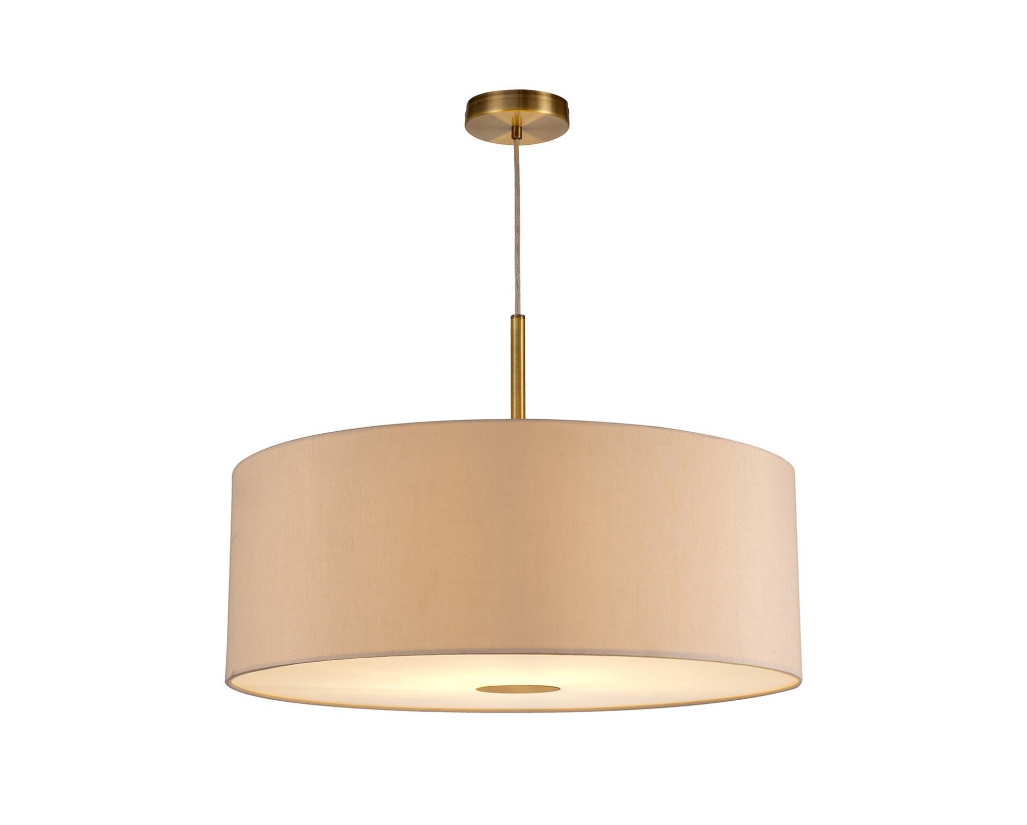 Baymont Antique Brass 1 Light E27 3m Single Pendant c/w 600mm Dual Faux Silk Shade, Nude Beige/Moonlight c/w 600mm Frosted/AB Acrylic Diffuser