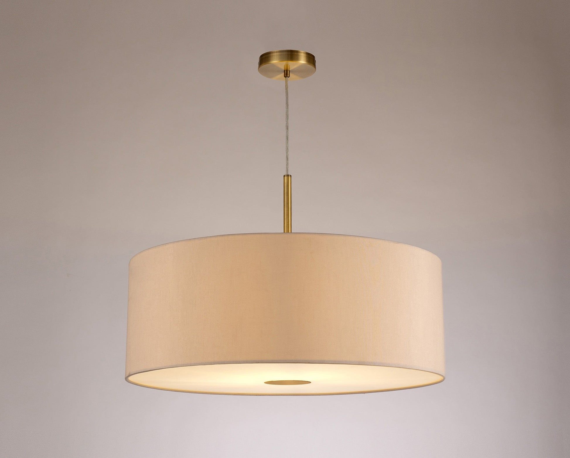 Baymont Antique Brass 1 Light E27 3m Single Pendant c/w 600mm Dual Faux Silk Shade, Nude Beige/Moonlight c/w 600mm Frosted/AB Acrylic Diffuser