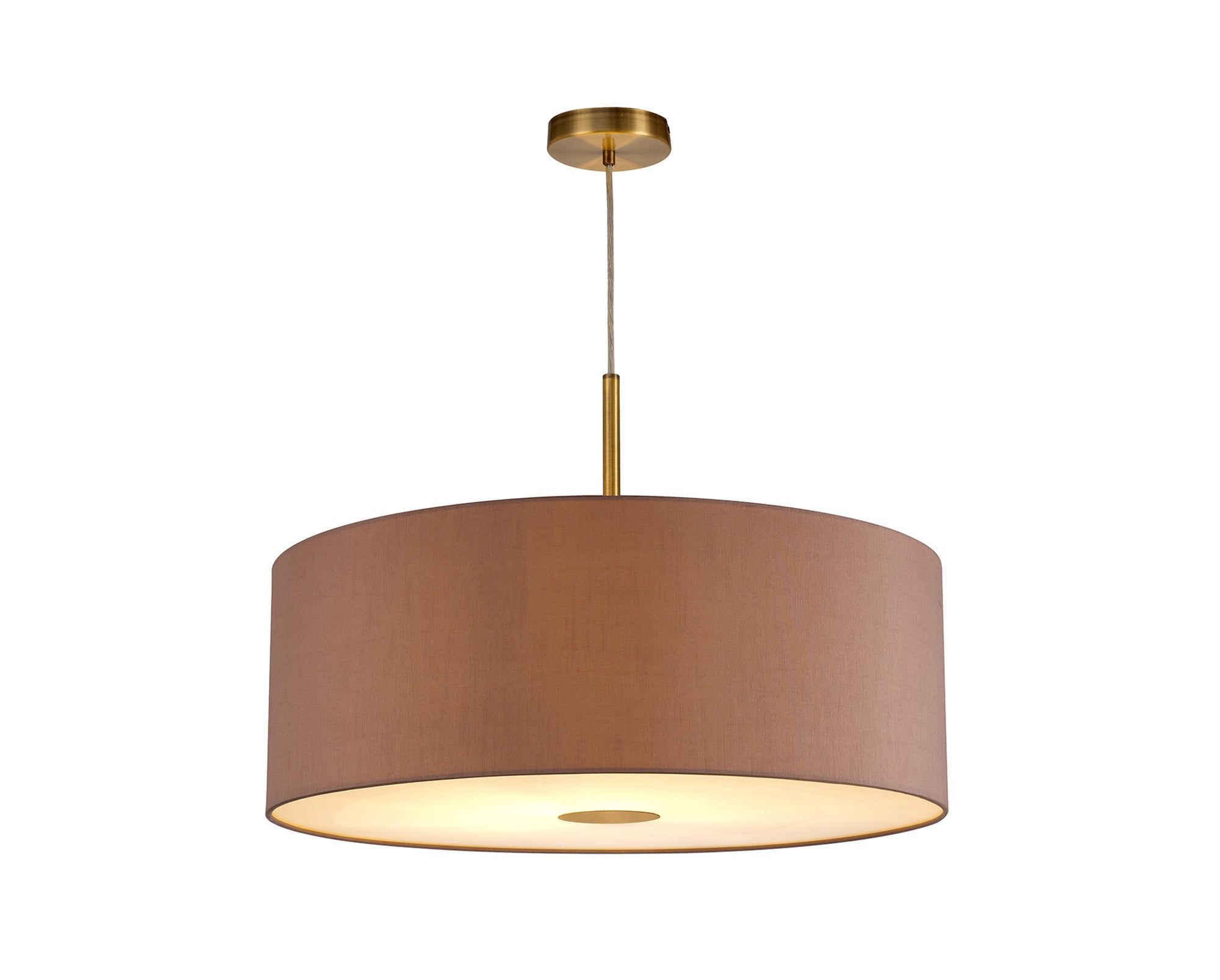 Baymont Antique Brass 1 Light E27 3m Single Pendant c/w 600mm Dual Faux Silk Shade, Taupe/Halo Gold c/w 600mm Frosted/AB Acrylic Diffuser