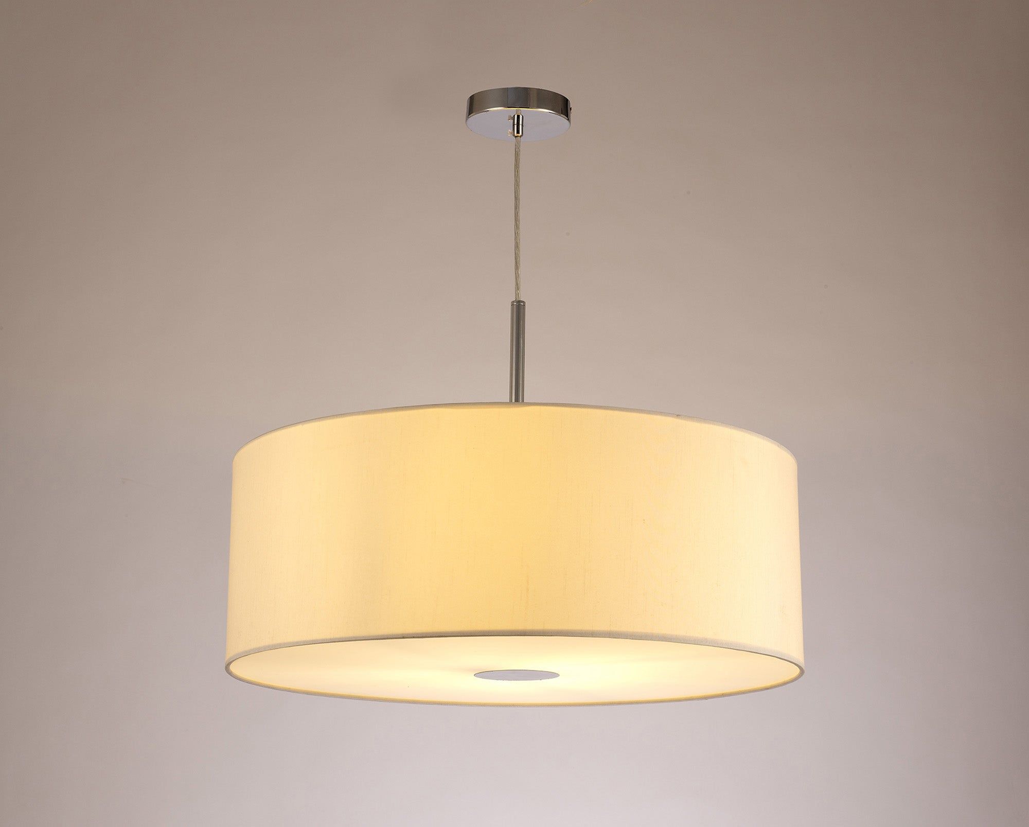 Baymont Polished Chrome 1 Light E27 3m Single Pendant c/w 600mm Faux Silk Shade, Ivory Pearl/White Laminate c/w 600mm Frosted/PC Acrylic Diffuser