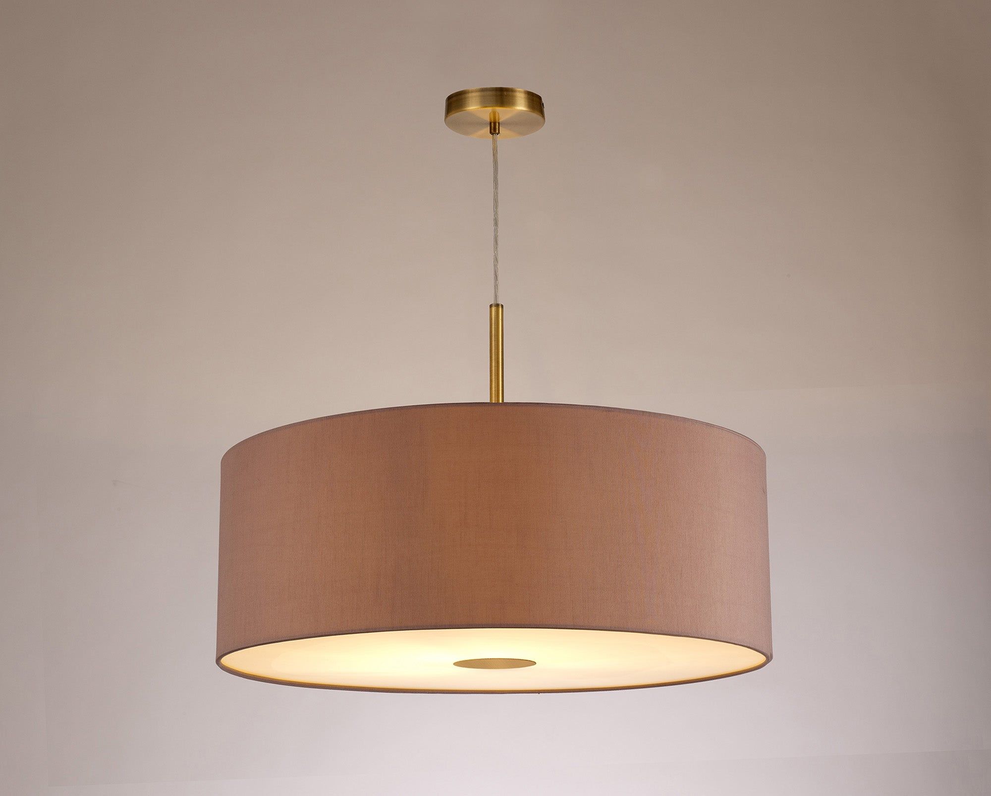 Baymont Antique Brass 1 Light E27 3m Single Pendant c/w 600mm Dual Faux Silk Shade, Taupe/Halo Gold c/w 600mm Frosted/AB Acrylic Diffuser