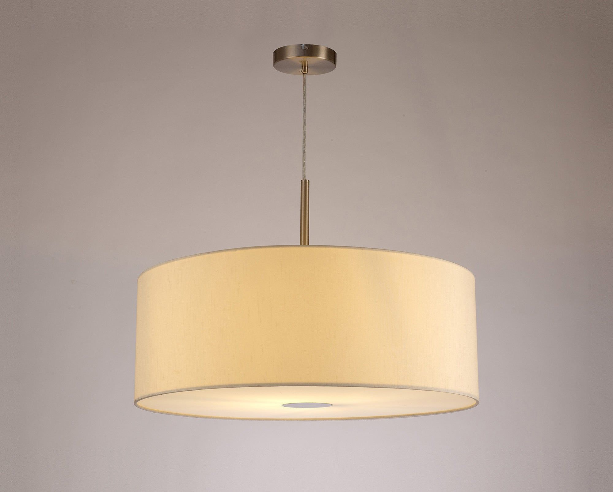 Baymont Satin Nickel 1 Light E27 3m Single Pendant c/w 600mm Faux Silk Shade, Ivory Pearl/White Laminate c/w 600mm Frosted/SN Acrylic Diffuser