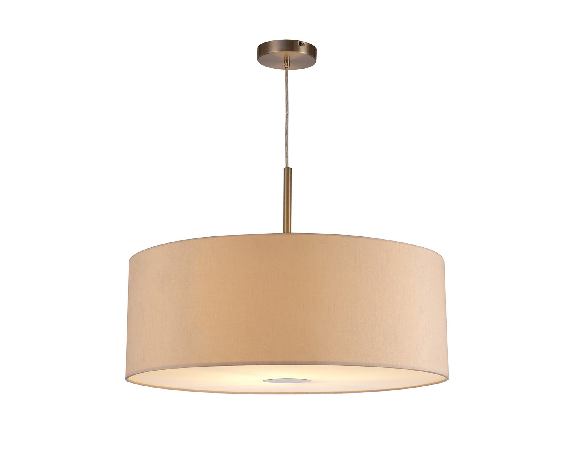 Baymont Satin Nickel 1 Light E27 3m Single Pendant c/w 600mm Dual Faux Silk Shade, Nude Beige/Moonlight c/w 600mm Frosted/SN Acrylic Diffuser