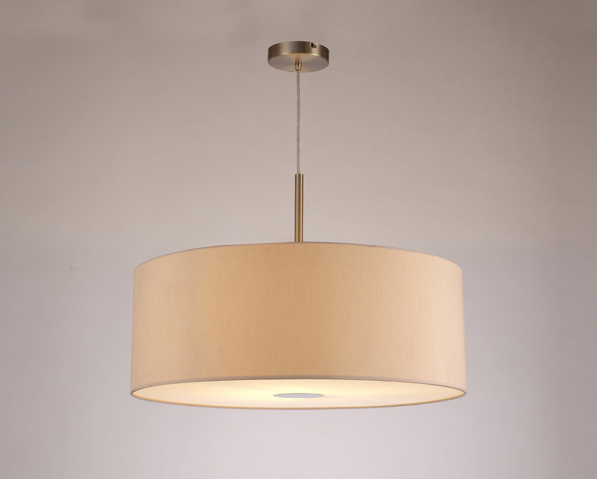 Baymont Satin Nickel 1 Light E27 3m Single Pendant c/w 600mm Dual Faux Silk Shade, Nude Beige/Moonlight c/w 600mm Frosted/SN Acrylic Diffuser