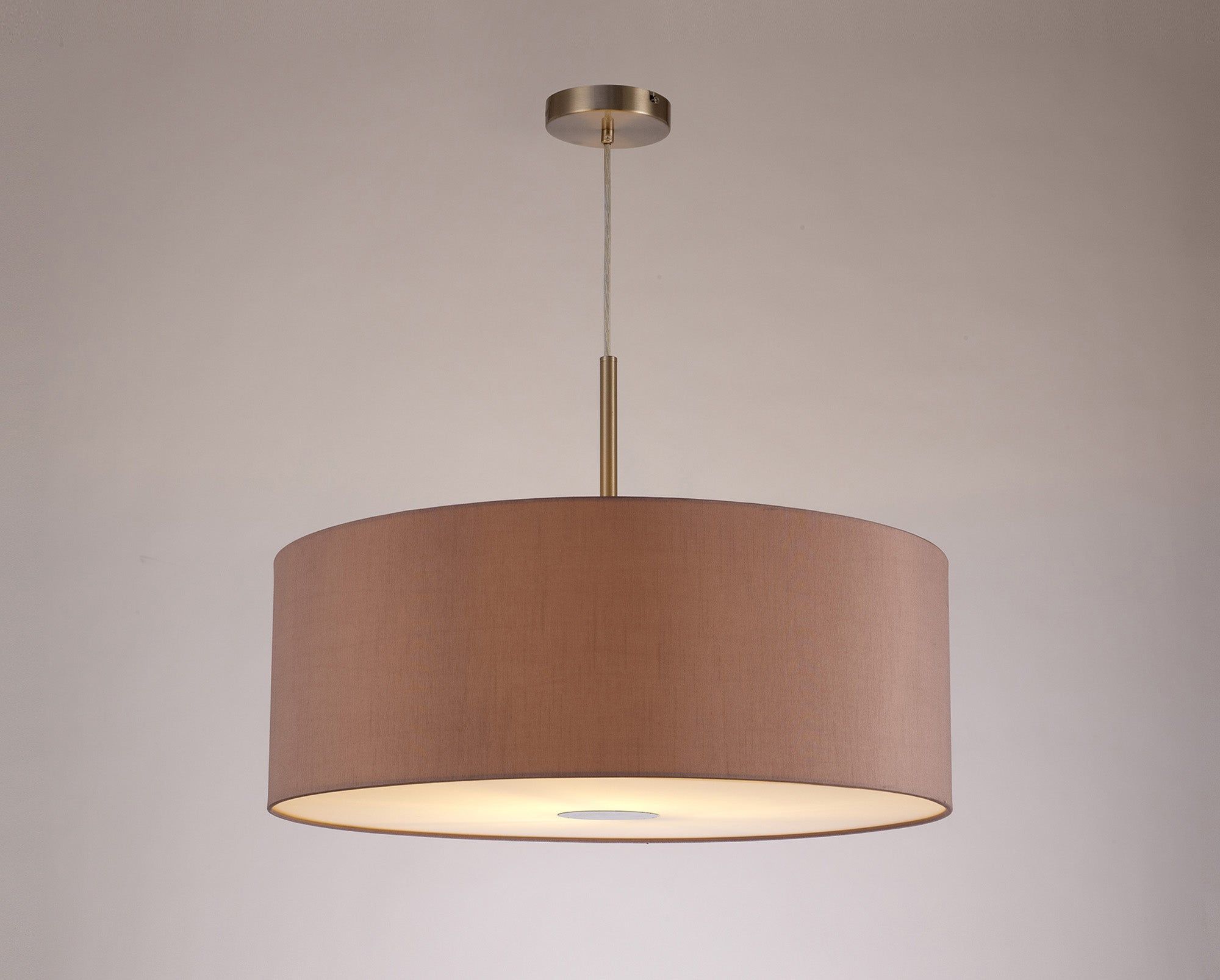 Baymont Satin Nickel 1 Light E27 3m Single Pendant c/w 600mm Dual Faux Silk Shade, Taupe/Halo Gold c/w 600mm Frosted/SN Acrylic Diffuser