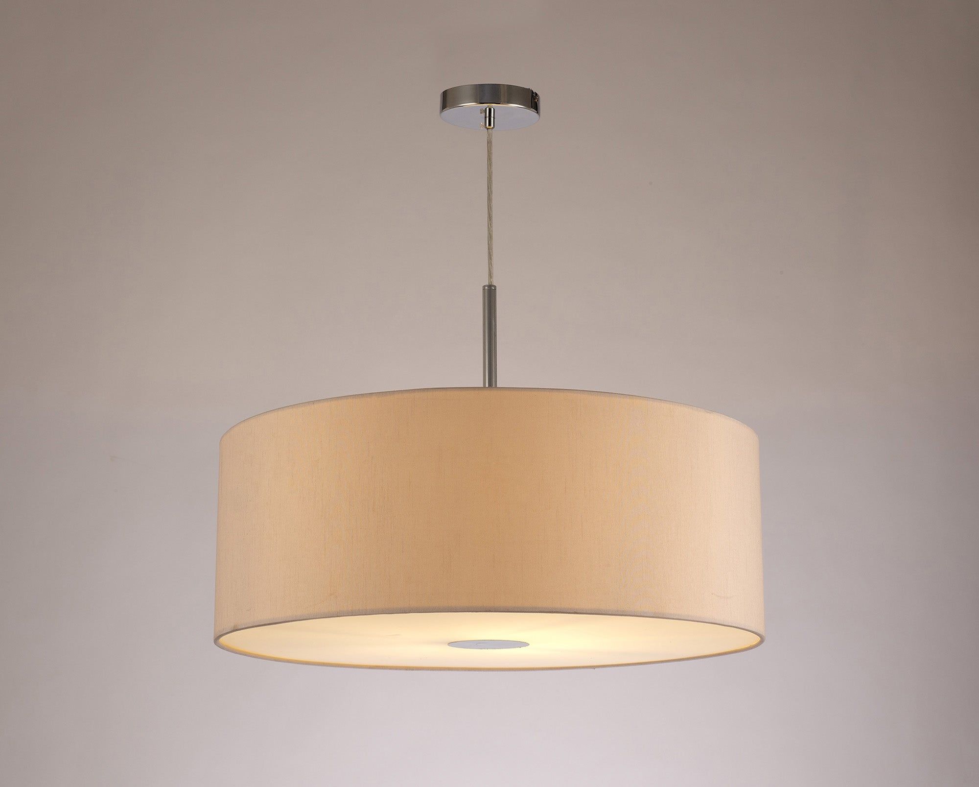 Baymont Polished Chrome 1 Light E27 3m Single Pendant c/w 600mm Dual Faux Silk Shade, Nude Beige/Moonlight c/w 600mm Frosted/PC Acrylic Diffuser