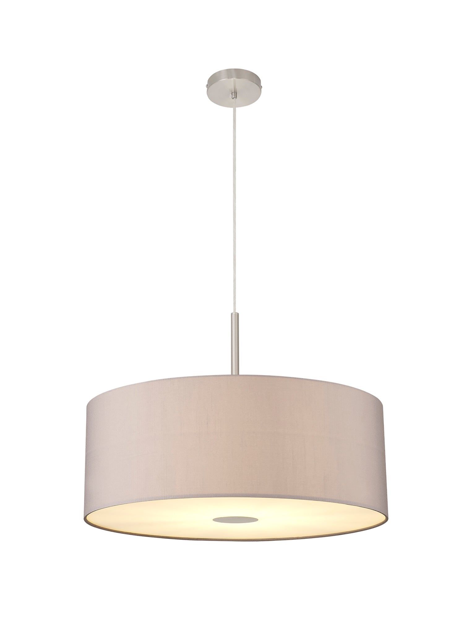 Baymont Satin Nickel 1 Light E27 3m Single Pendant c/w 600mm Faux Silk Shade, Grey/White Laminate c/w 600mm Frosted/SN Acrylic Diffuser