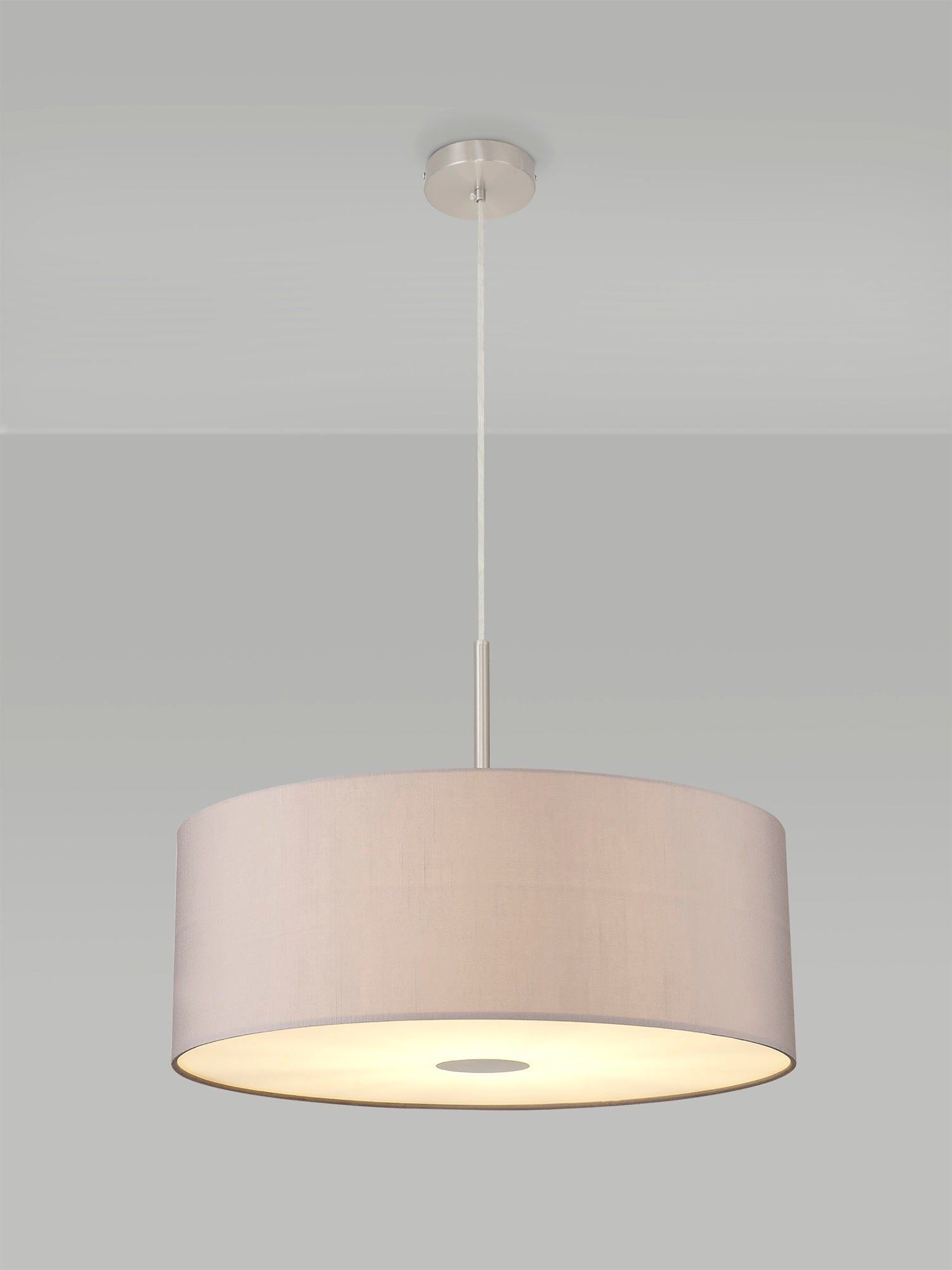 Baymont Satin Nickel 1 Light E27 3m Single Pendant c/w 600mm Faux Silk Shade, Grey/White Laminate c/w 600mm Frosted/SN Acrylic Diffuser