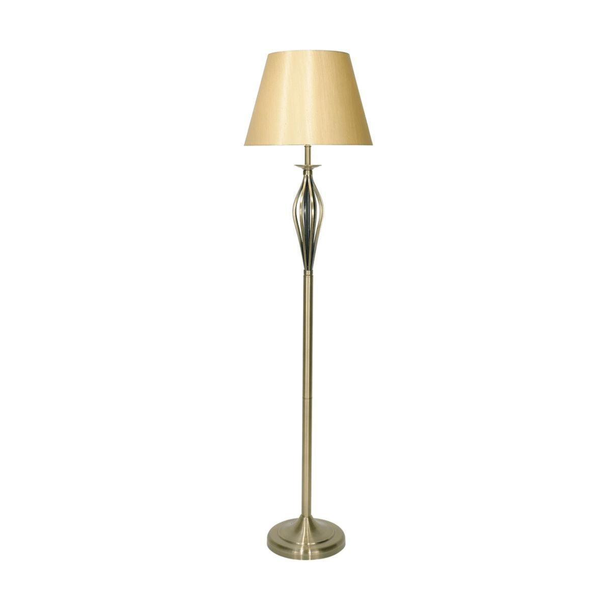 Dar Bybliss Floor Lamp Antique Brass complete with Gold Shade - Cusack Lighting