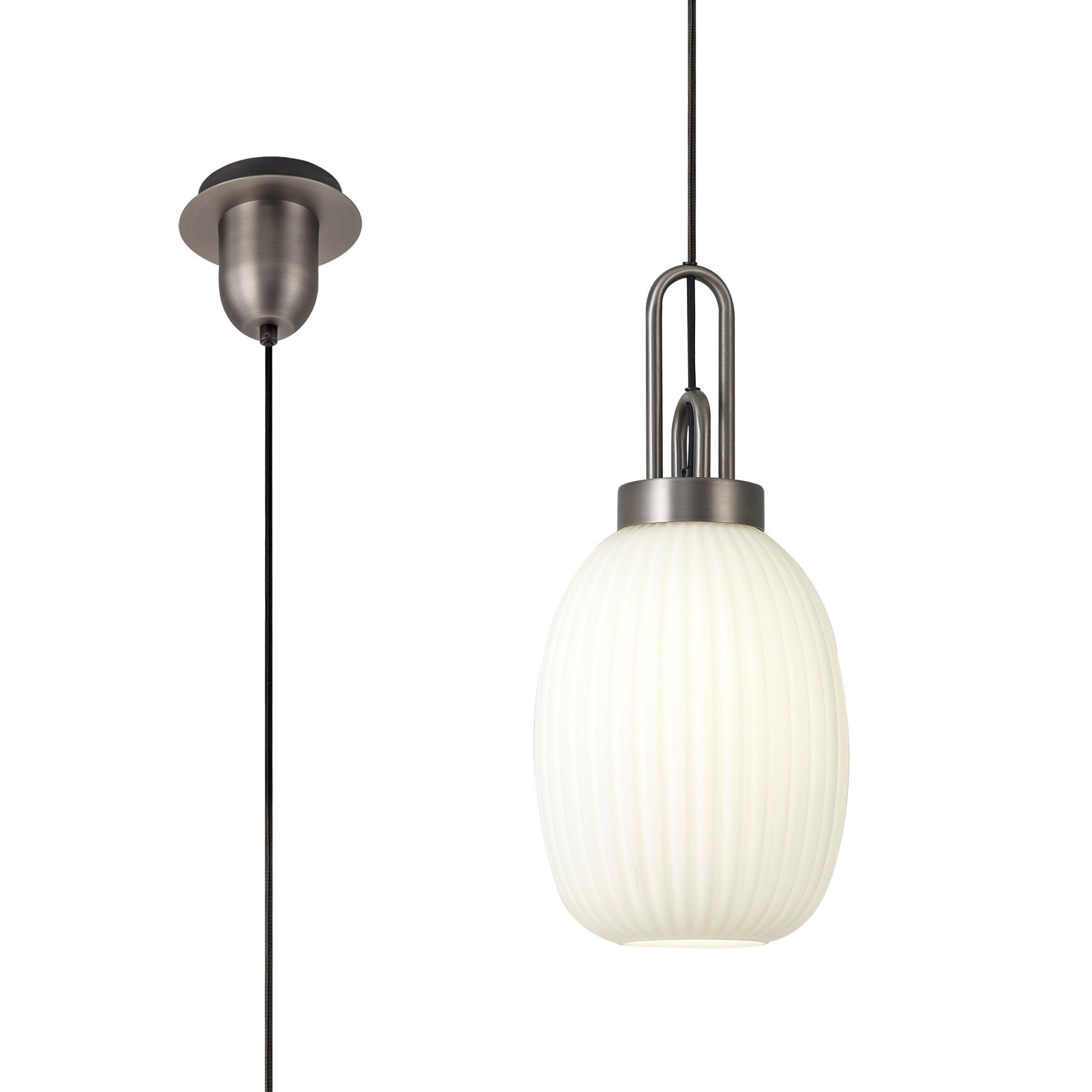 Cadiz 1 Light Pendant E27 20cm Almond Ribbed Glass, Opal Antique Silver/Black