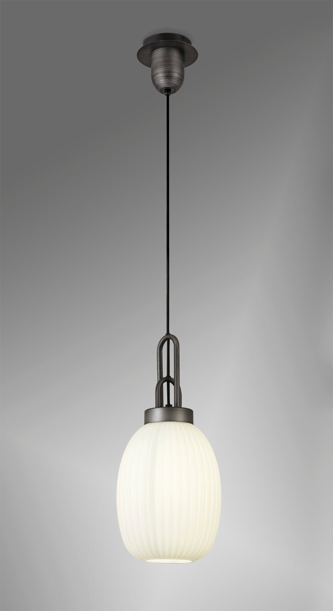 Cadiz 1 Light Pendant E27 20cm Almond Ribbed Glass, Opal Black/Aged Pewter