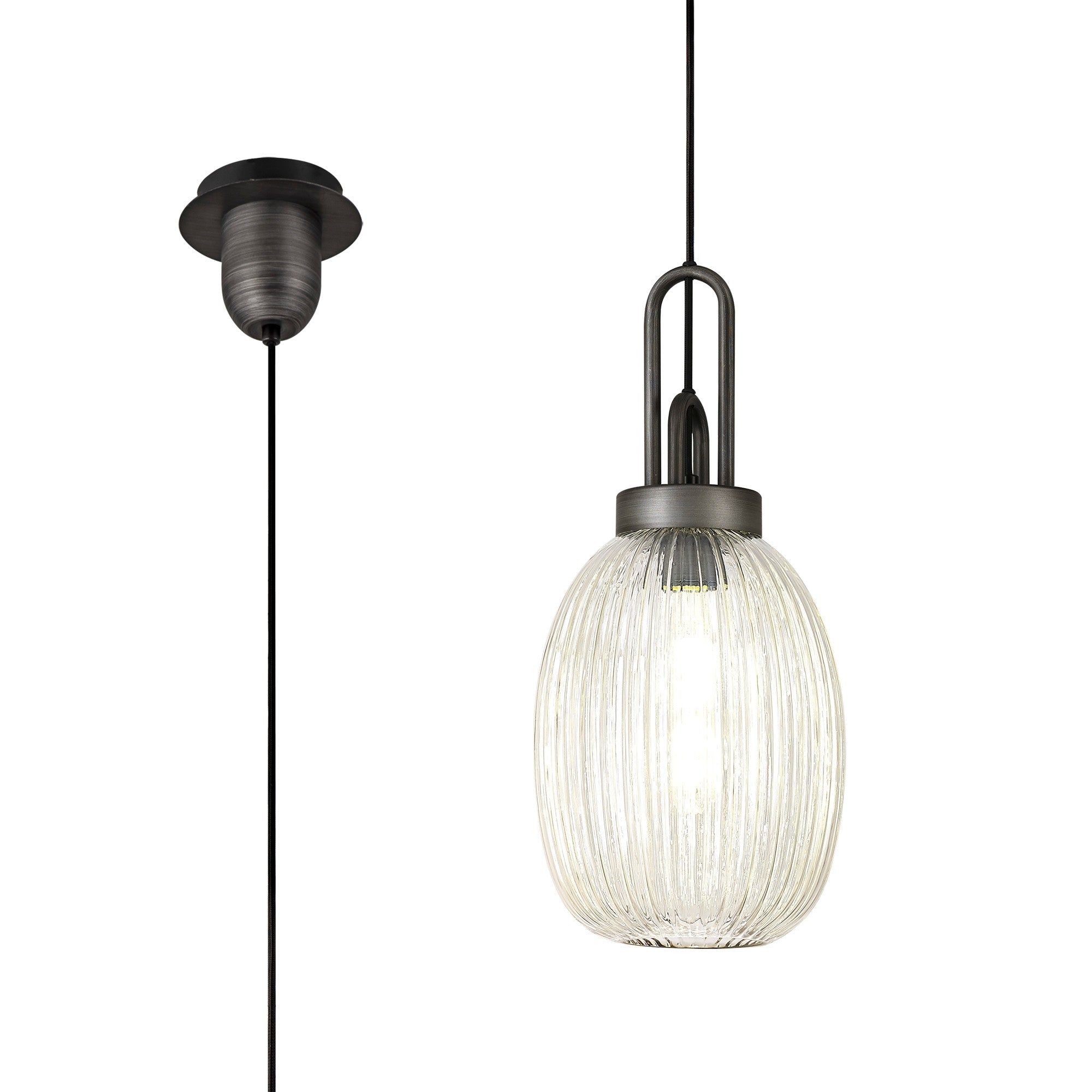 Cadiz 1 Light Pendant E27 20cm Almond Ribbed Glass, Champagne Black/Aged Pewter