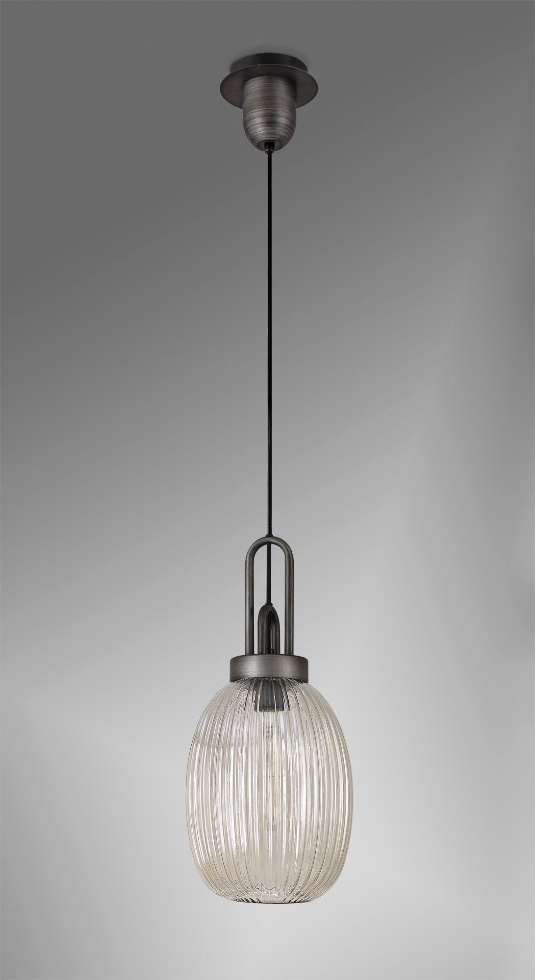 Cadiz 1 Light Pendant E27 20cm Almond Ribbed Glass, Champagne Black/Aged Pewter