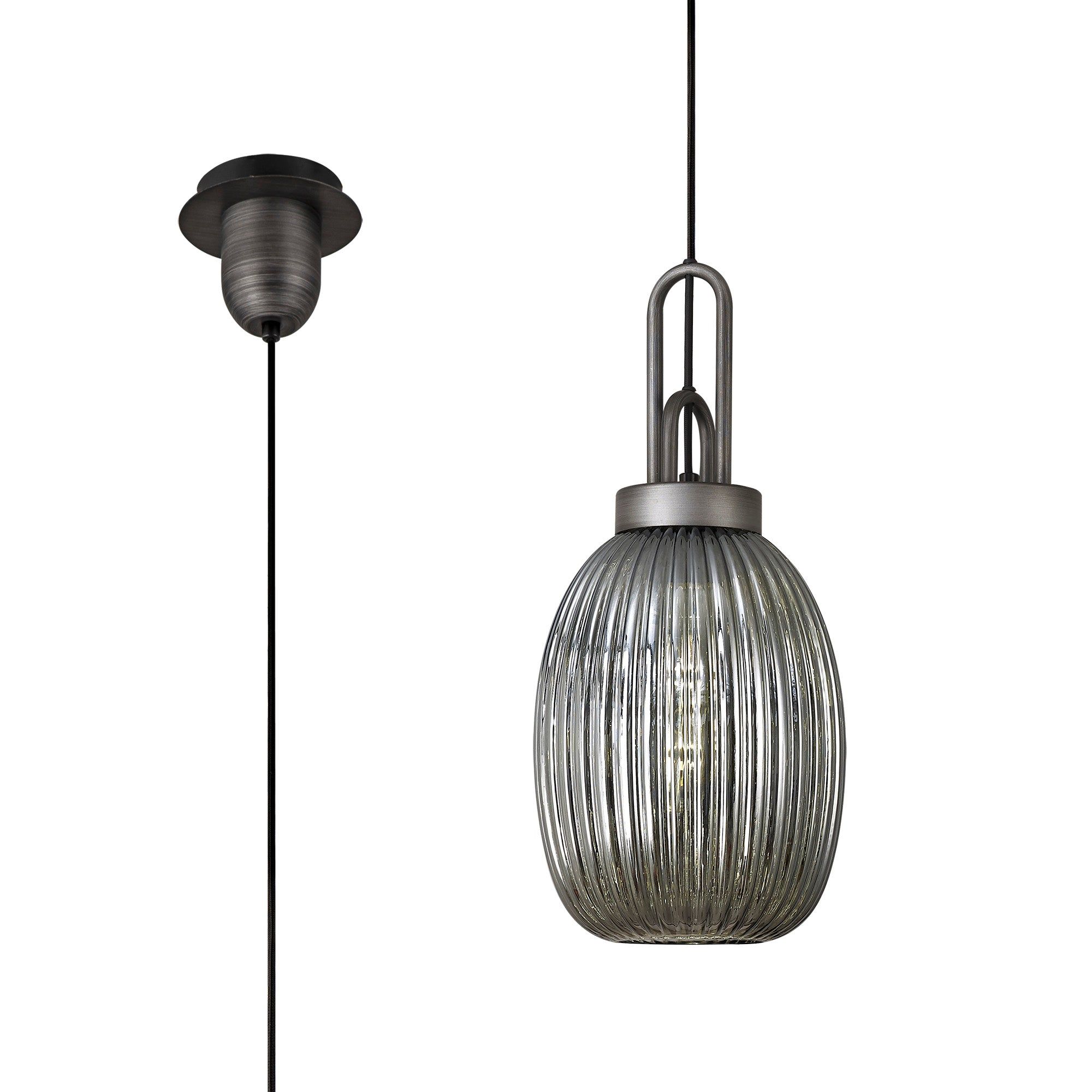 Cadiz 1 Light Pendant E27 20cm Almond Ribbed Glass, Smoked Black/Aged Pewter