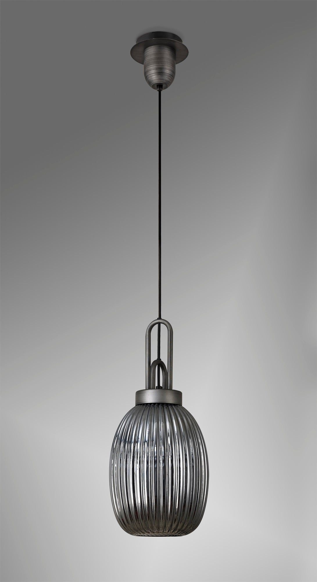 Cadiz 1 Light Pendant E27 20cm Almond Ribbed Glass, Smoked Black/Aged Pewter