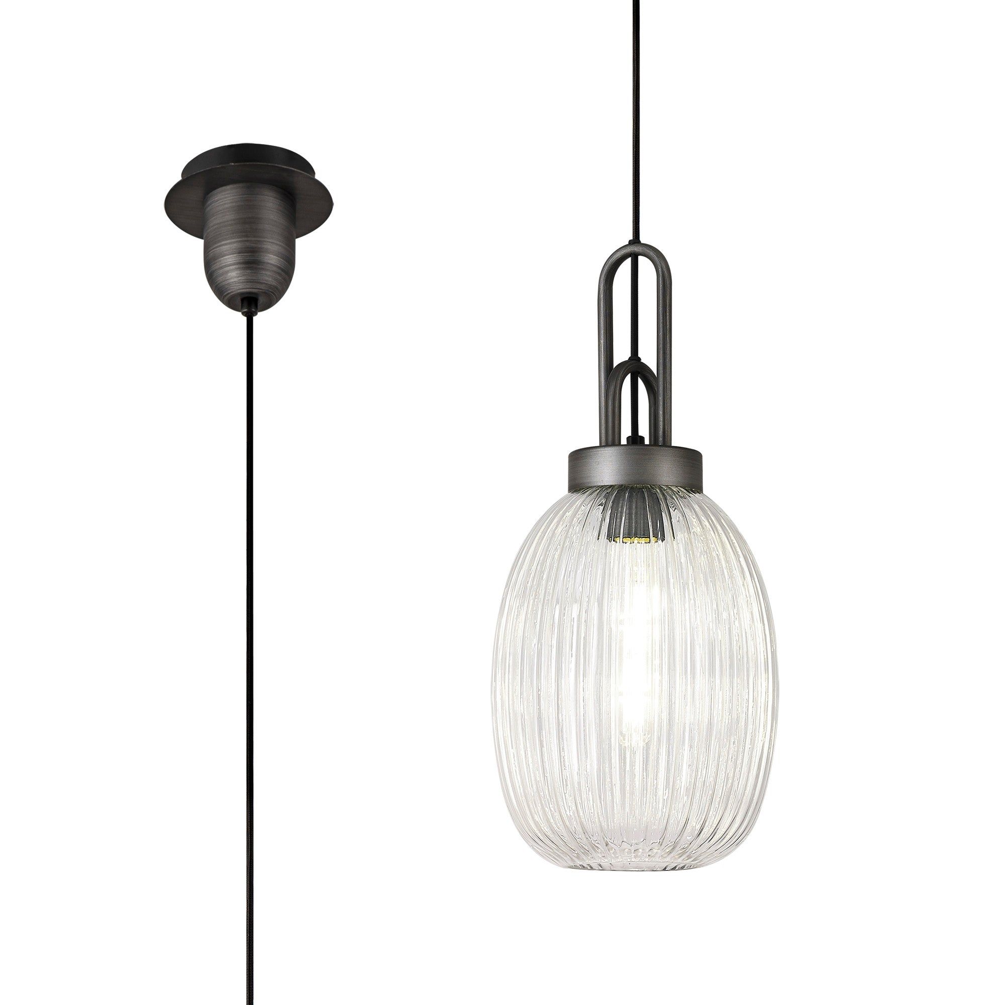 Cadiz 1 Light Pendant E27 20cm Almond Ribbed Glass, Clear Black/Aged Pewter