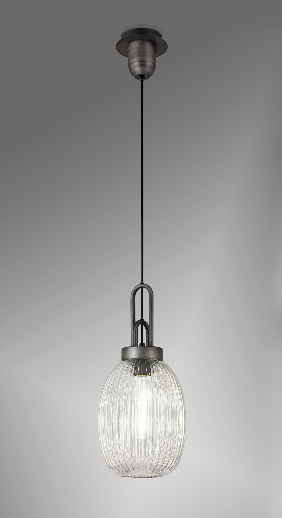 Cadiz 1 Light Pendant E27 20cm Almond Ribbed Glass, Clear Black/Aged Pewter