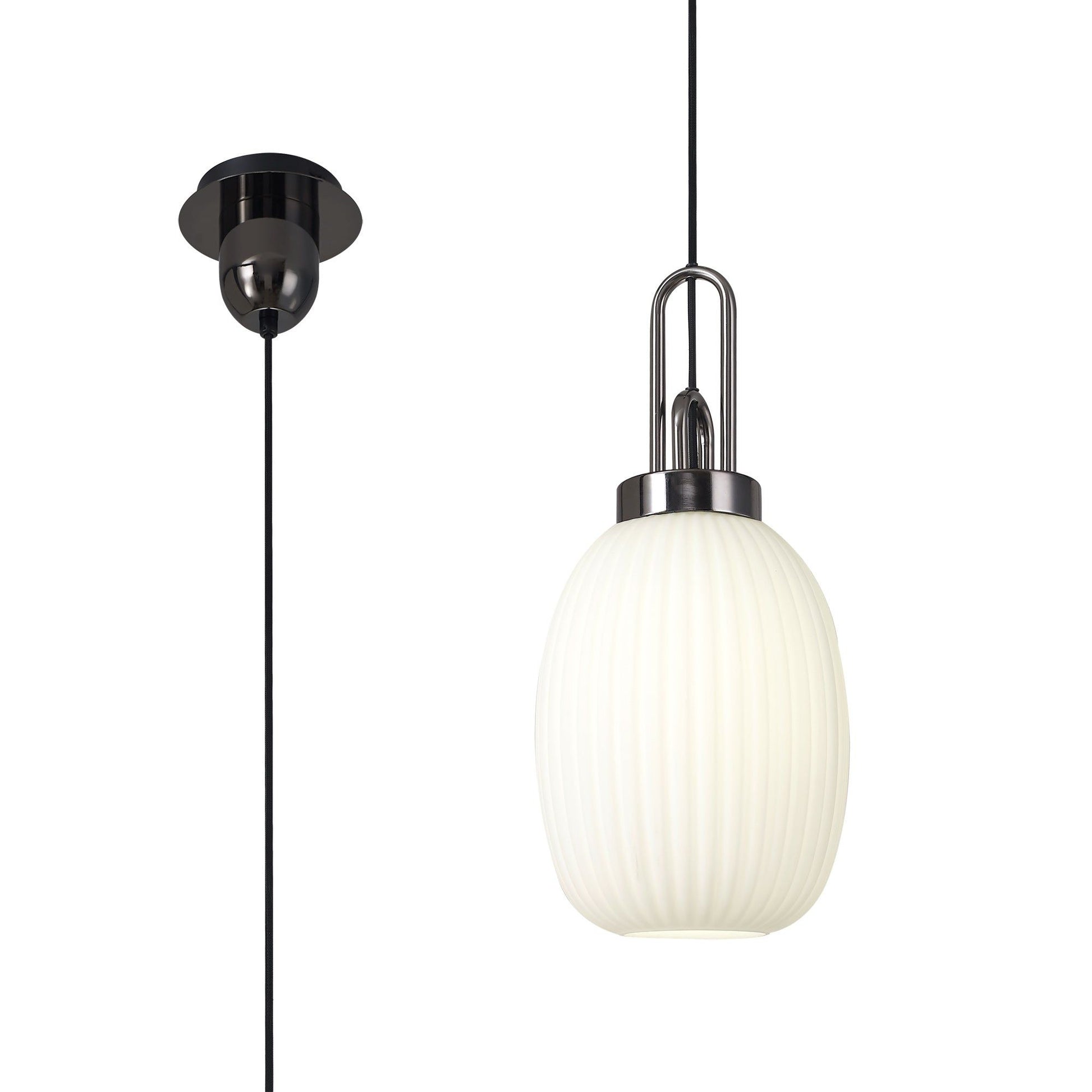Cadiz 1 Light Pendant E27 With 20cm Almond Ribbed Glass, Opal Black Chrome/Matt Black