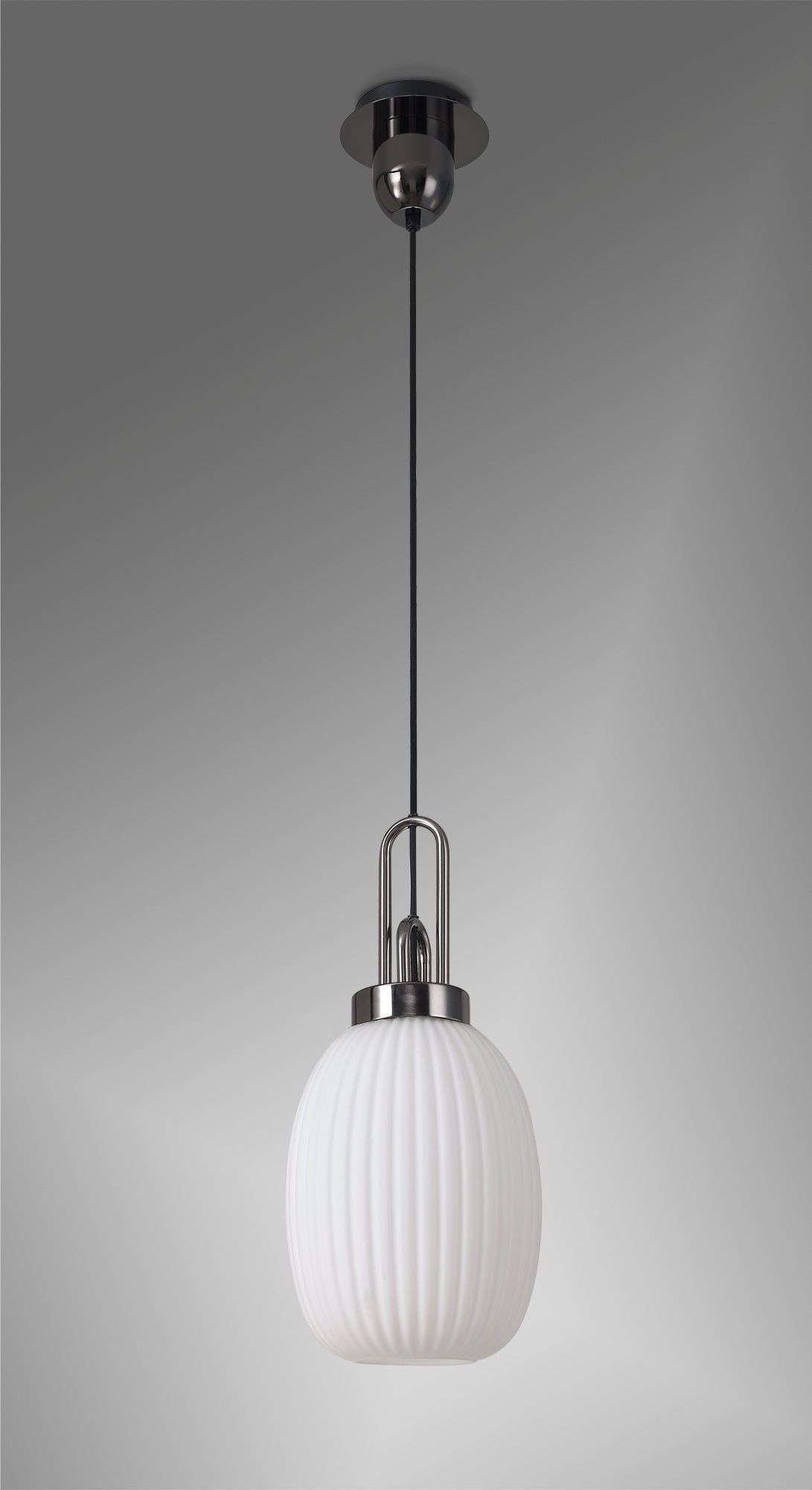 Cadiz 1 Light Pendant E27 With 20cm Almond Ribbed Glass, Opal Black Chrome/Matt Black