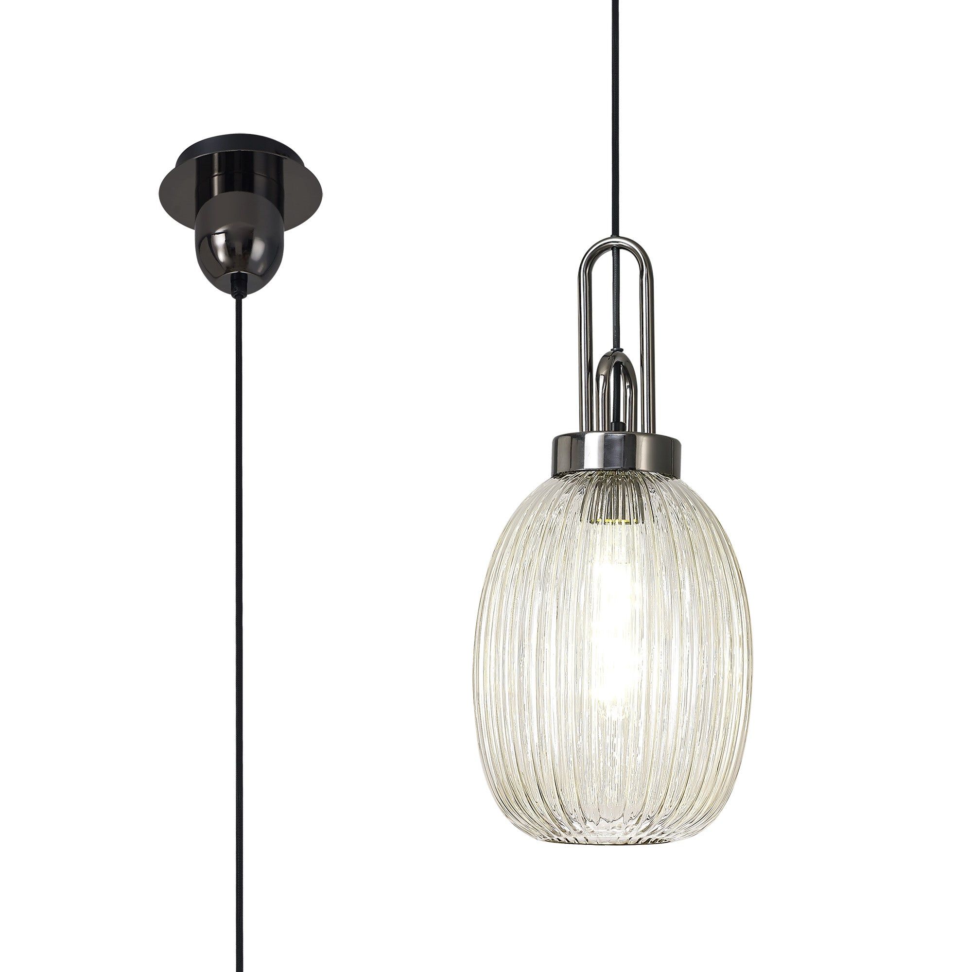 Cadiz 1 Light Pendant E27 With 20cm Almond Ribbed Glass, Champagne Black Chrome/Matt Black