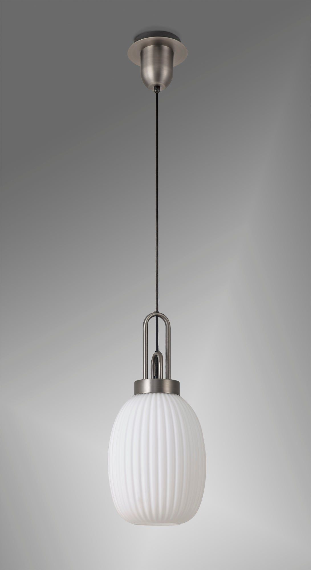 Cadiz 1 Light Pendant E27 20cm Almond Ribbed Glass, Opal Antique Silver/Black