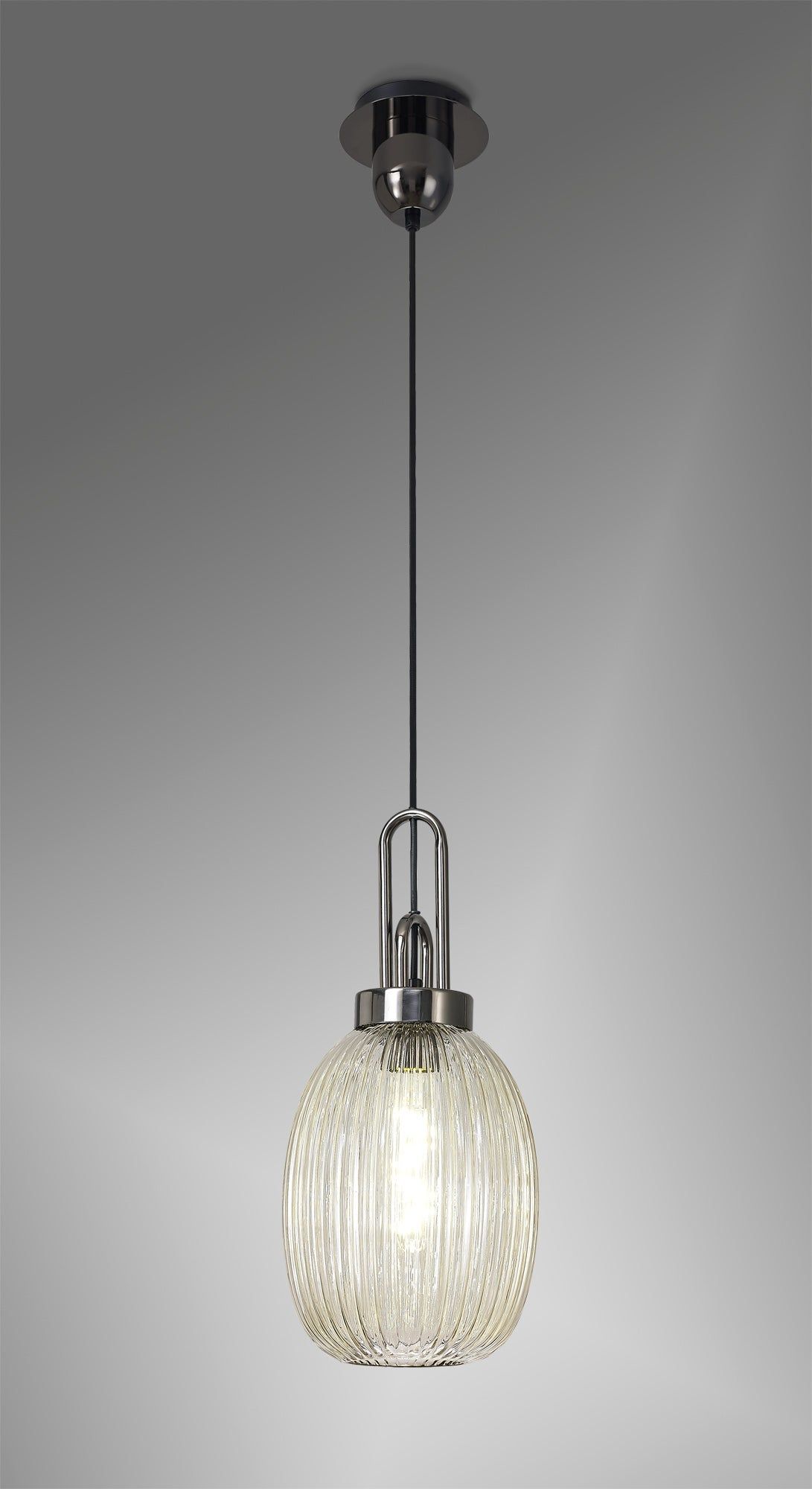 Cadiz 1 Light Pendant E27 With 20cm Almond Ribbed Glass, Champagne Black Chrome/Matt Black