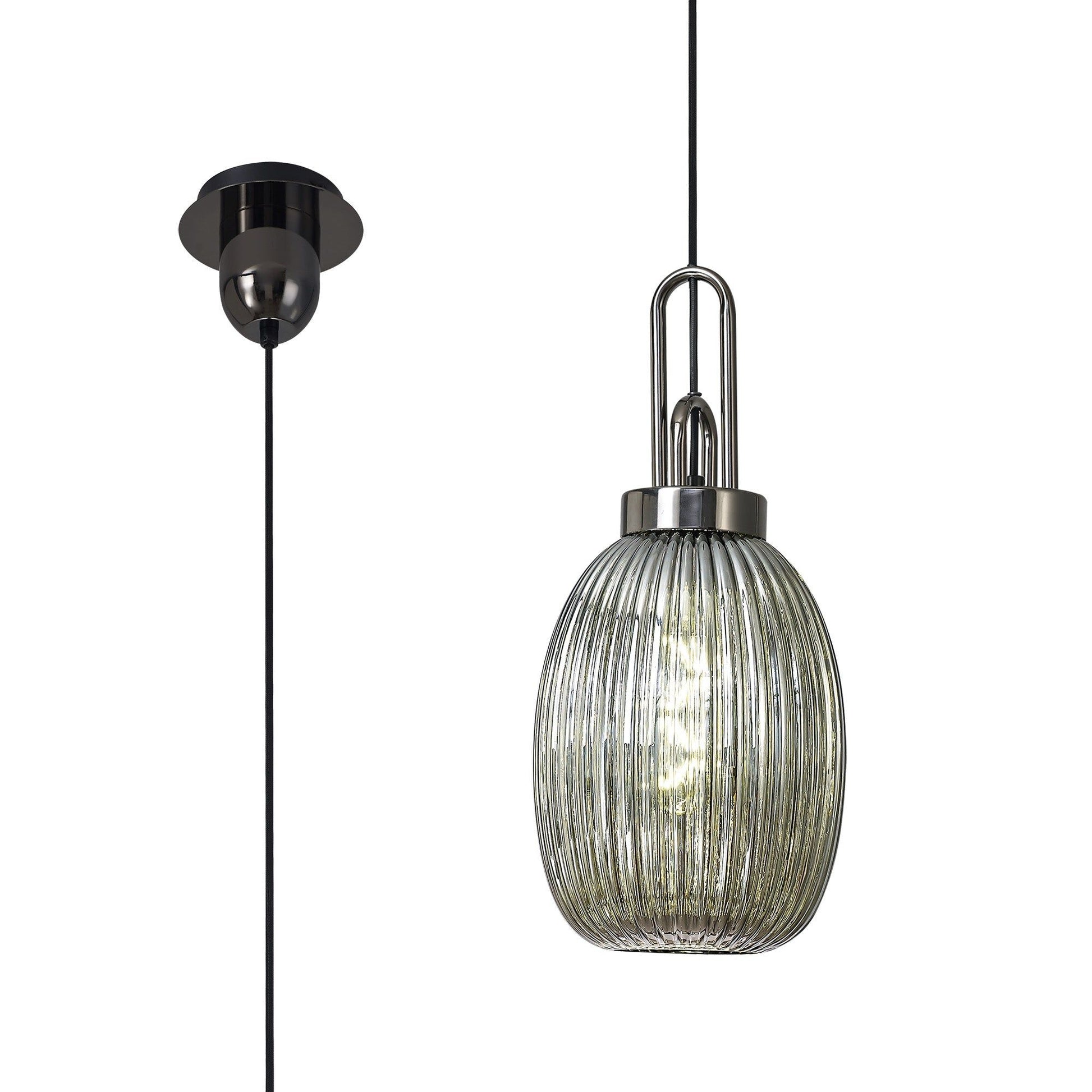 Cadiz 1 Light Pendant E27 With 20cm Almond Ribbed Glass, Smoked Black Chrome/Matt Black