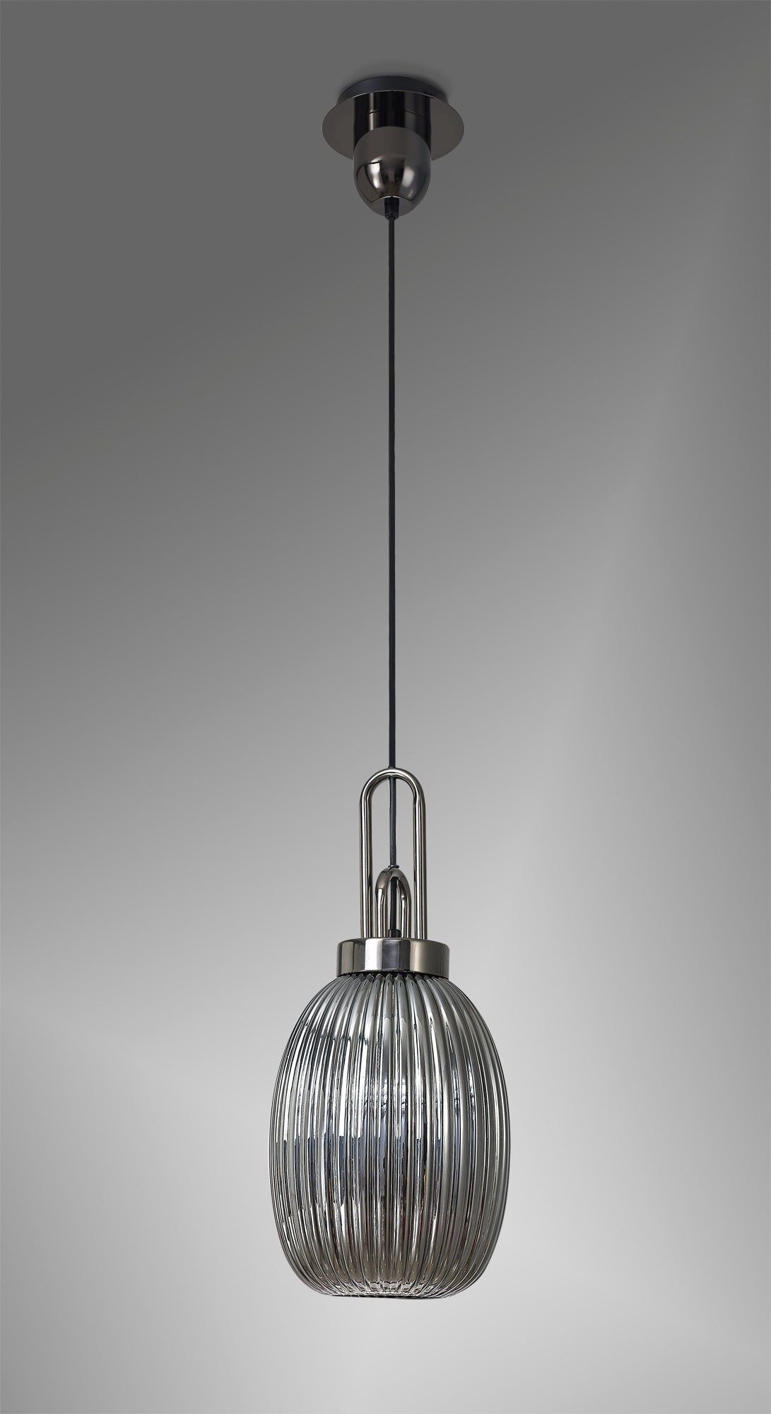 Cadiz 1 Light Pendant E27 With 20cm Almond Ribbed Glass, Smoked Black Chrome/Matt Black