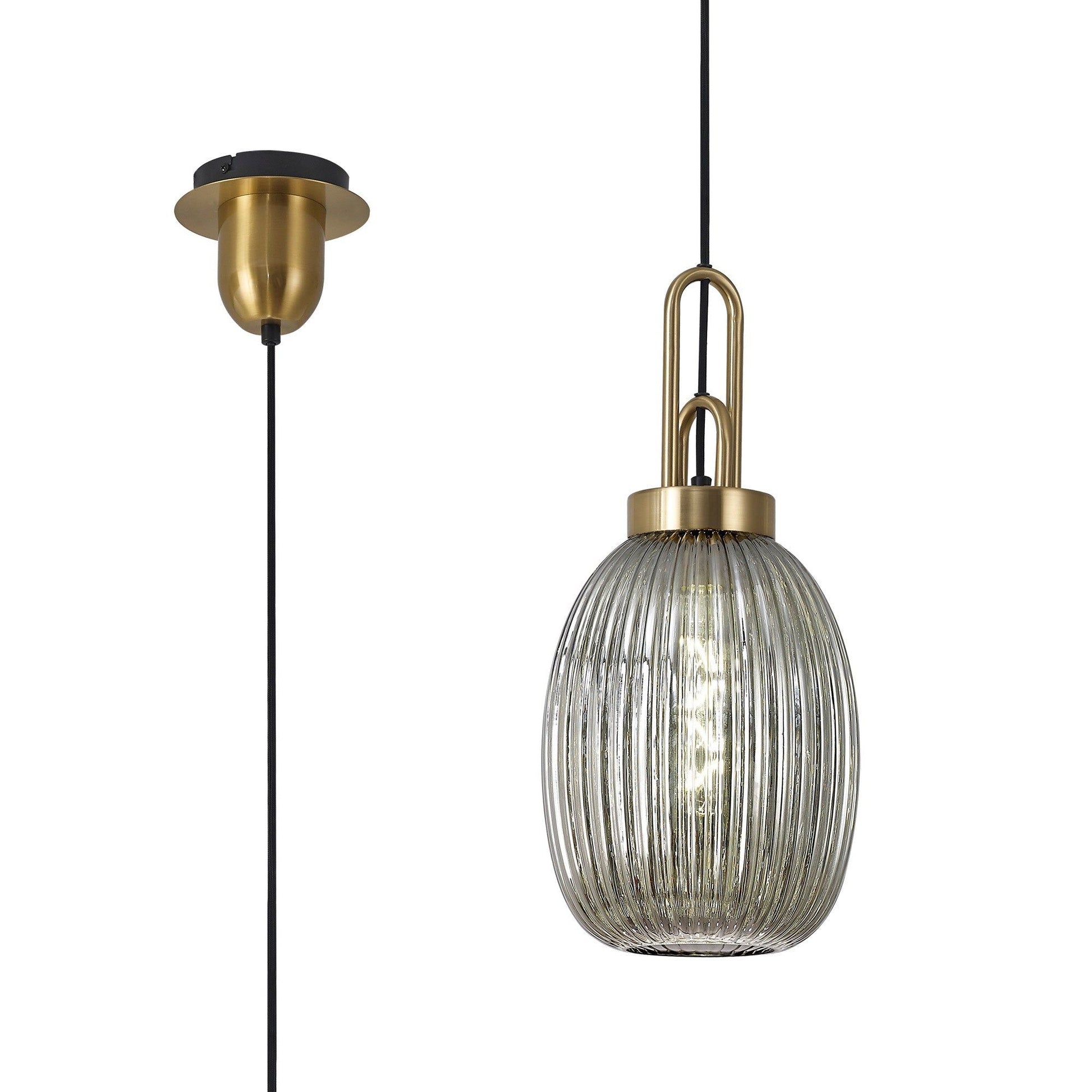 Cadiz 1 Light Pendant E27 With 20cm Almond Ribbed Glass, Smoked Brass Gold/Matt Black