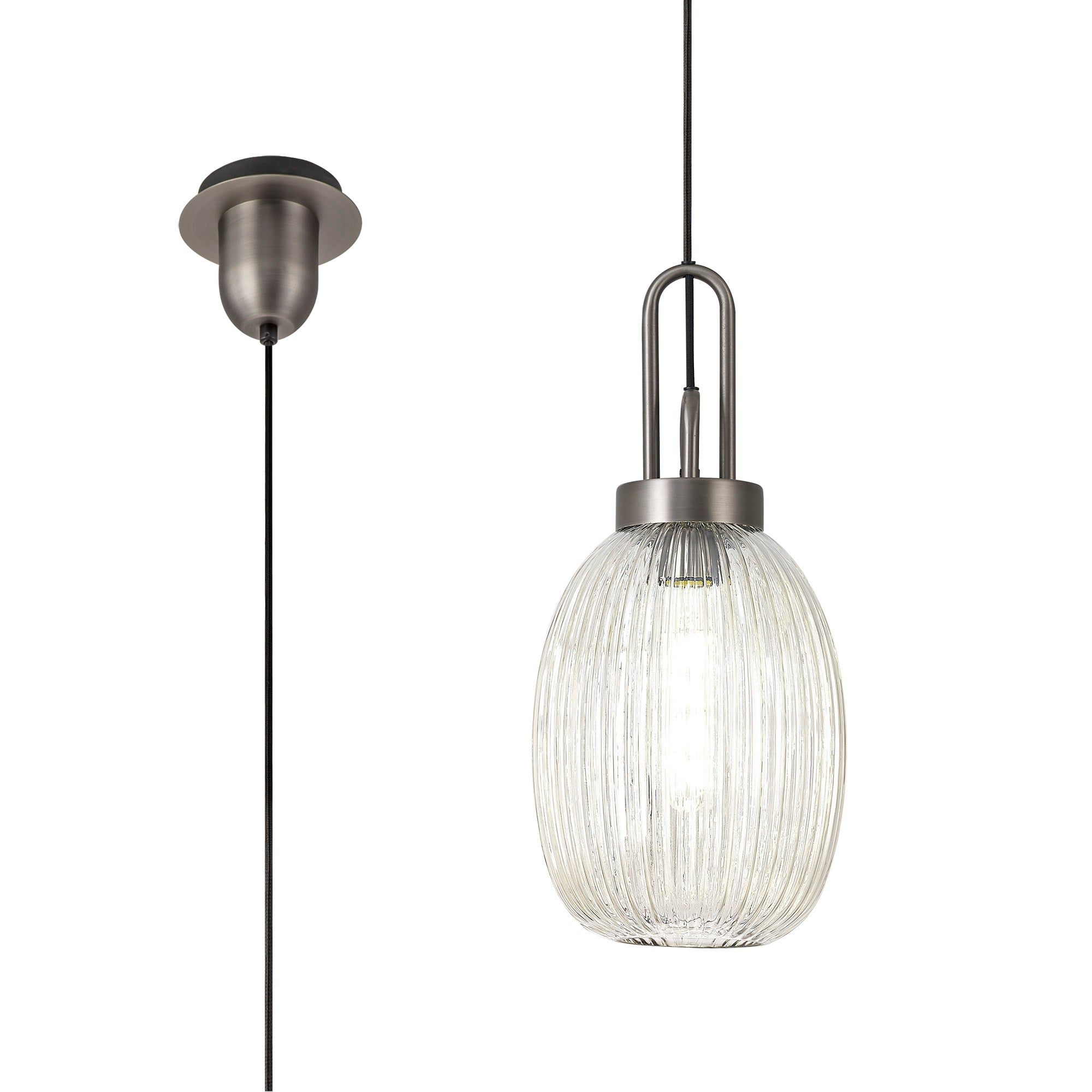 Cadiz 1 Light Pendant E27 20cm Almond Ribbed Glass, Champagne Antique Silver/Black