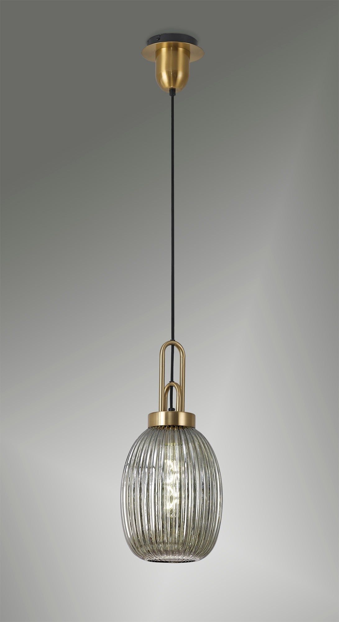 Cadiz 1 Light Pendant E27 With 20cm Almond Ribbed Glass, Smoked Brass Gold/Matt Black