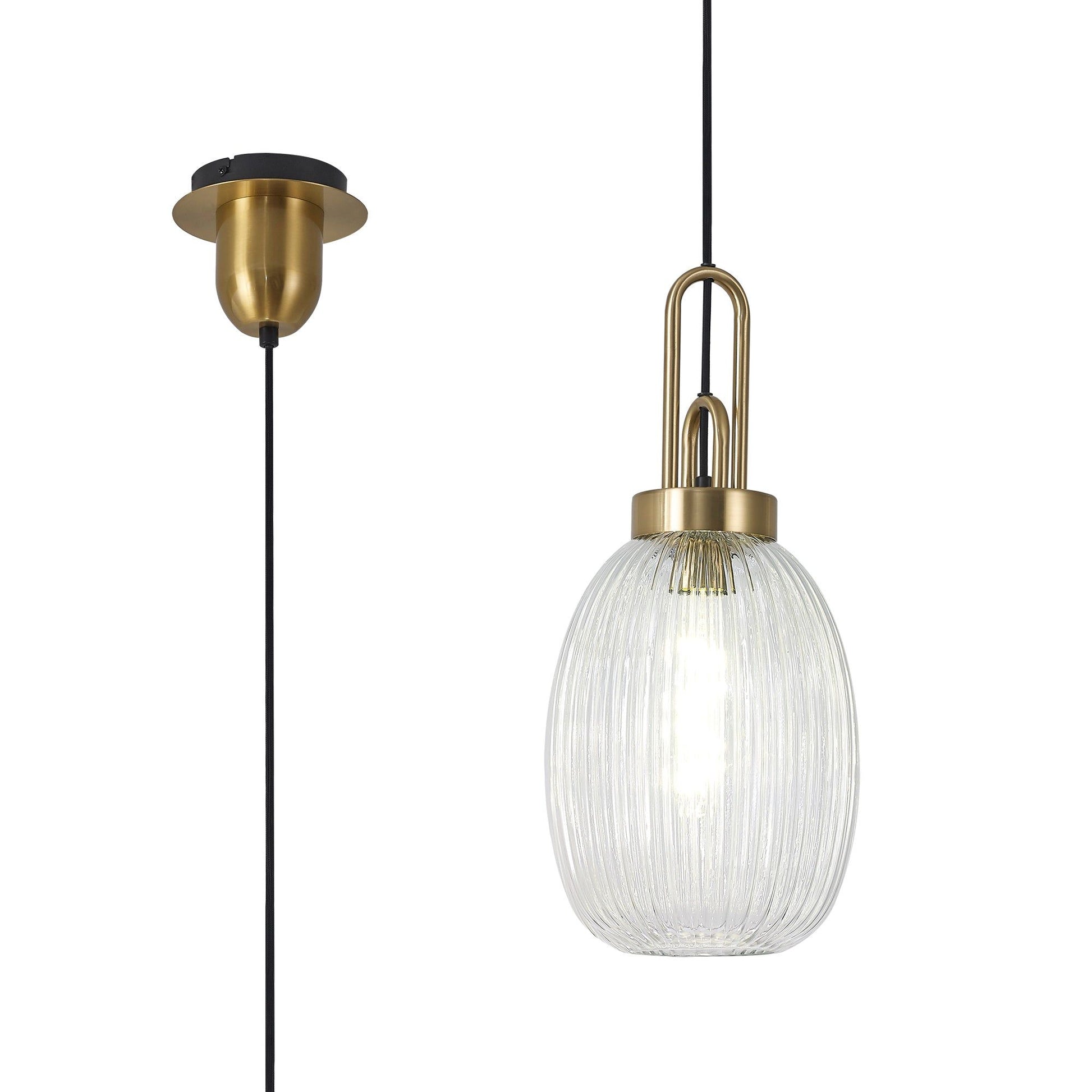 Cadiz 1 Light Pendant E27 With 20cm Almond Ribbed Glass, Clear Brass Gold/Matt Black