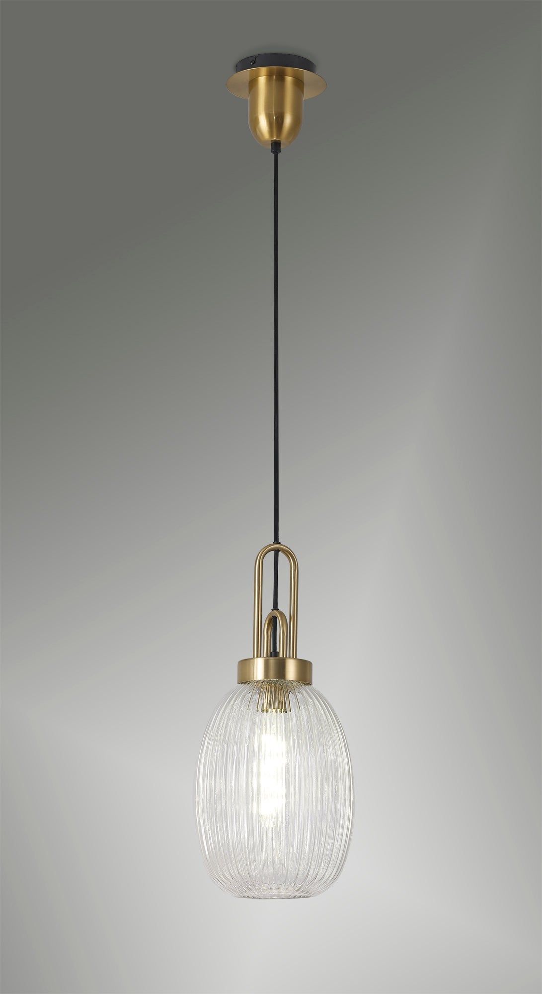 Cadiz 1 Light Pendant E27 With 20cm Almond Ribbed Glass, Clear Brass Gold/Matt Black