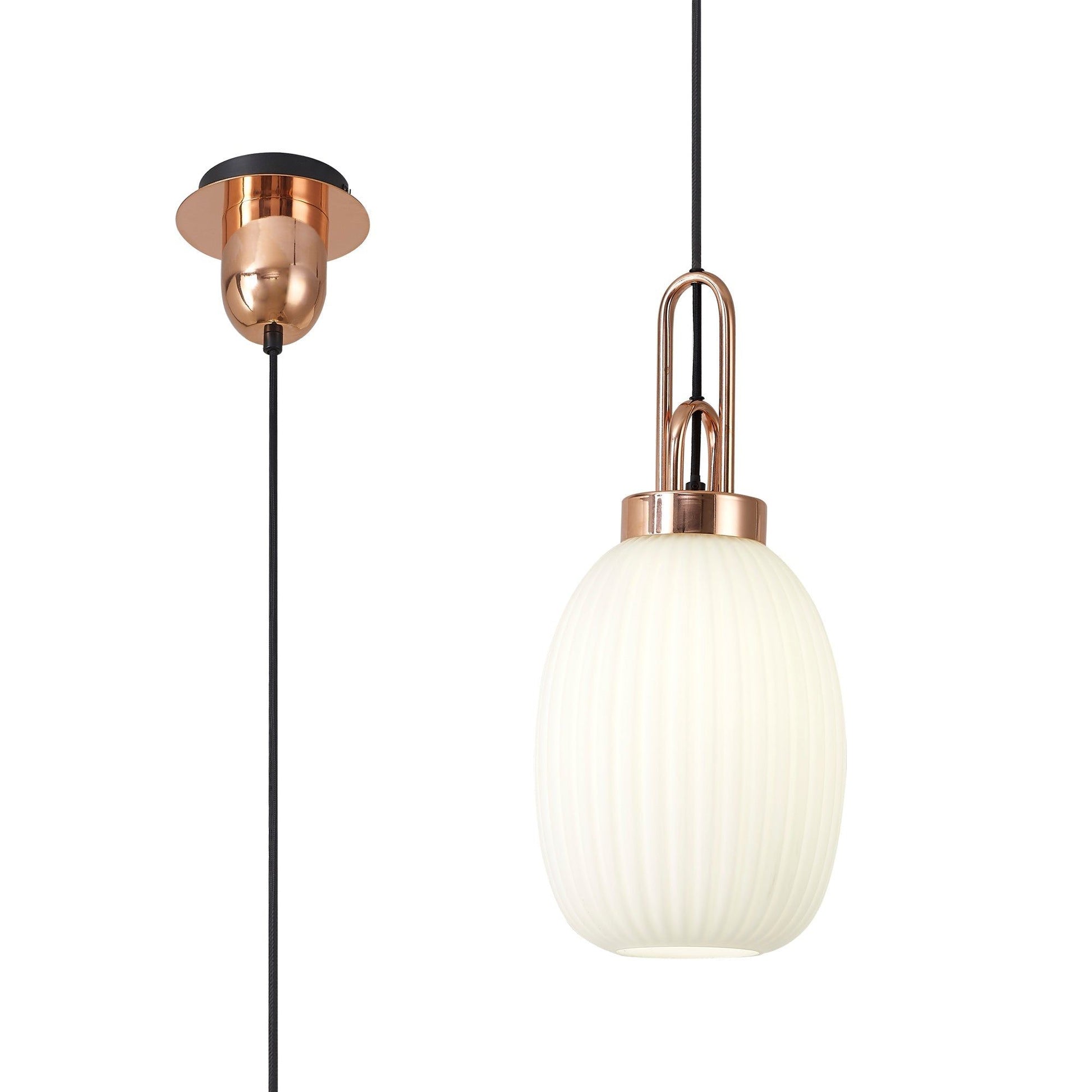 Cadiz 1 Light Pendant E27 With 20cm Almond Ribbed Glass, Opal Copper/Matt Black (LTK537)