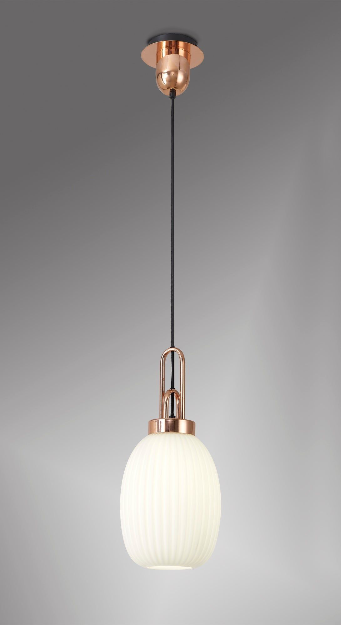 Cadiz 1 Light Pendant E27 With 20cm Almond Ribbed Glass, Opal Copper/Matt Black (LTK537)