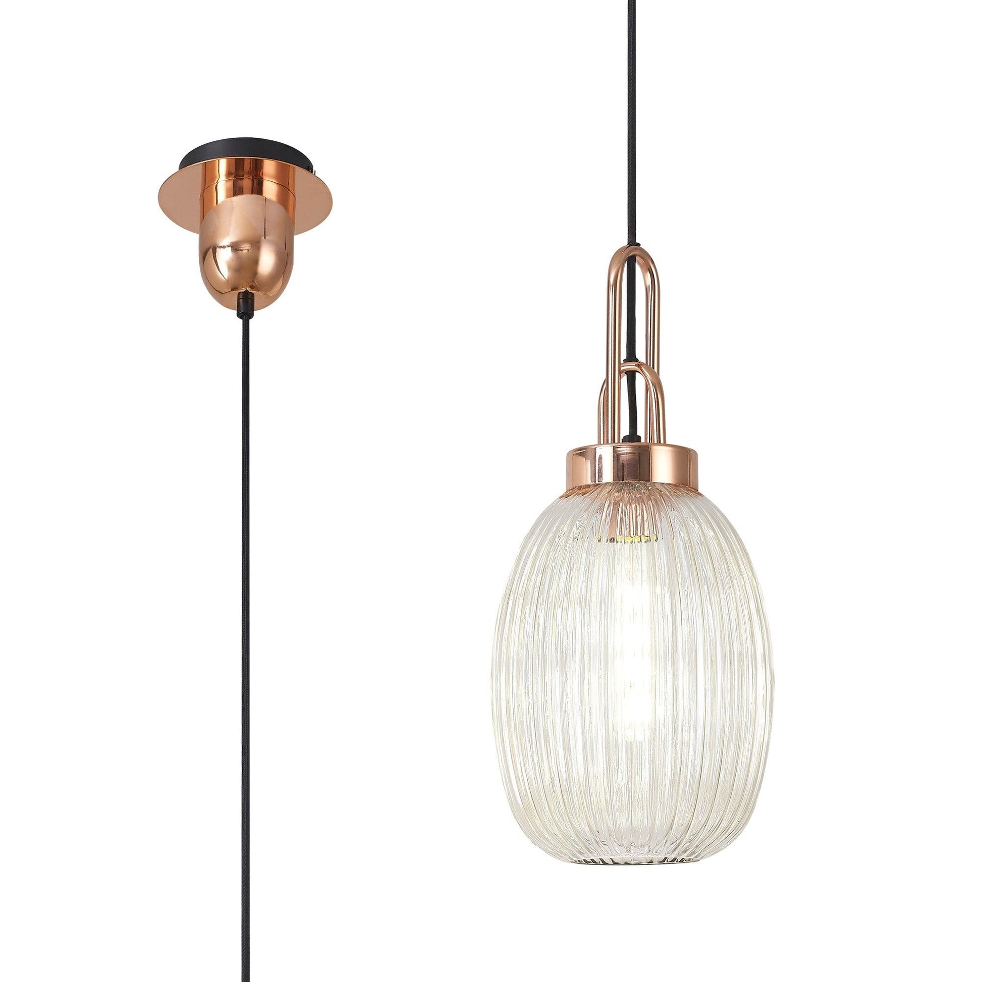 Cadiz 1 Light Pendant E27 With 20cm Almond Ribbed Glass, Champagne Copper/Matt Black