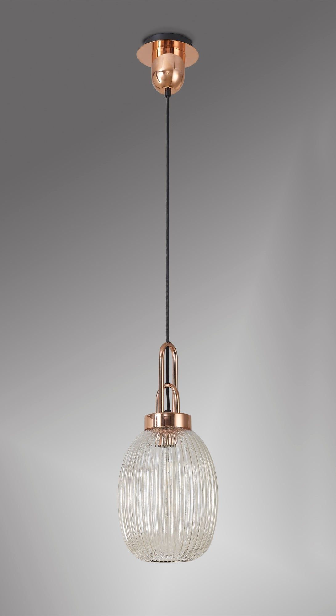 Cadiz 1 Light Pendant E27 With 20cm Almond Ribbed Glass, Champagne Copper/Matt Black