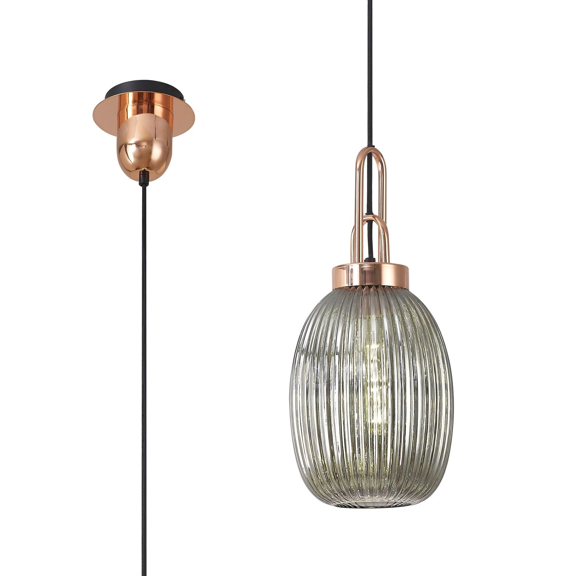 Cadiz 1 Light Pendant E27 With 20cm Almond Ribbed Glass, Smoked Copper/Matt Black