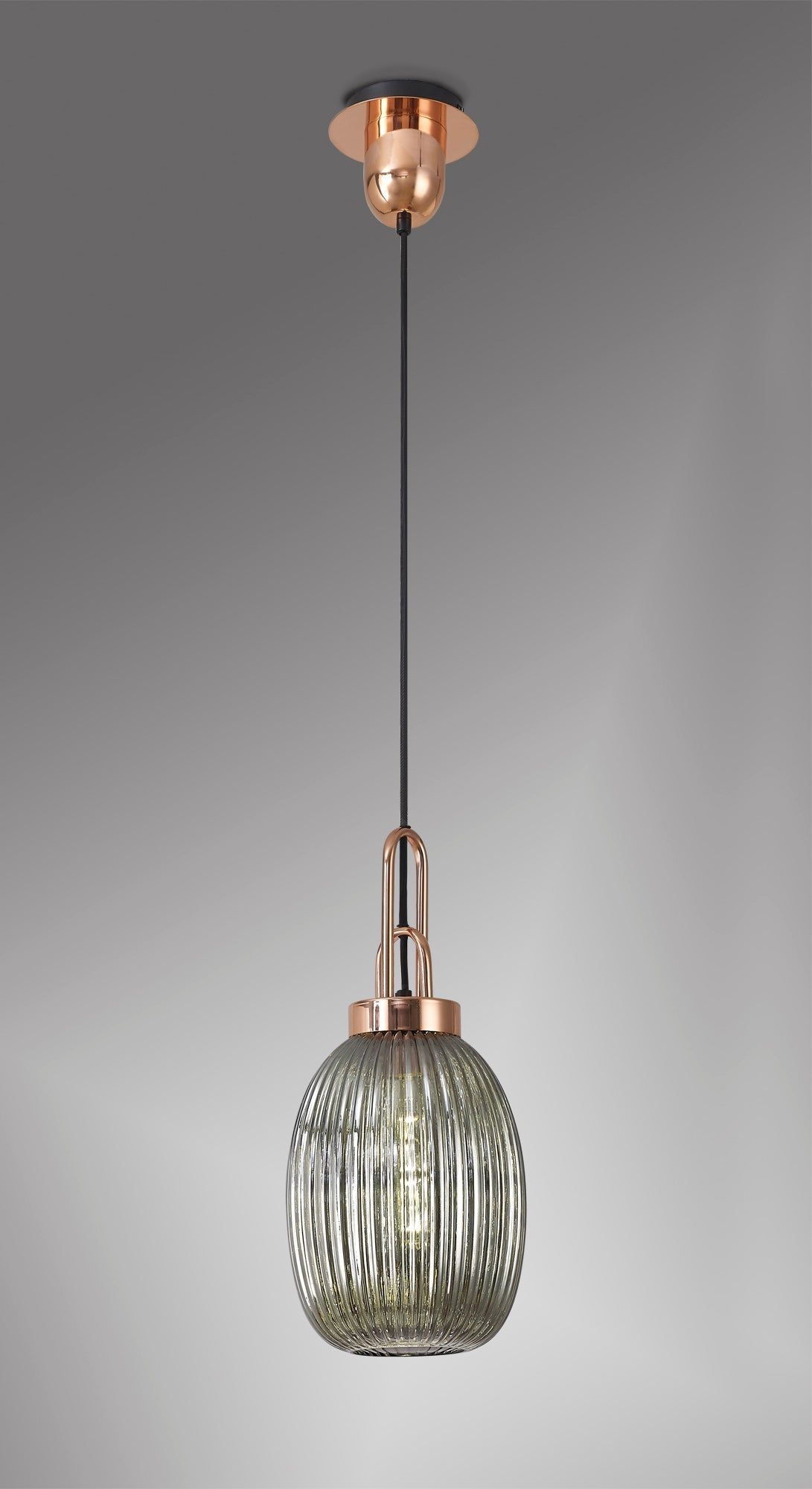 Cadiz 1 Light Pendant E27 With 20cm Almond Ribbed Glass, Smoked Copper/Matt Black