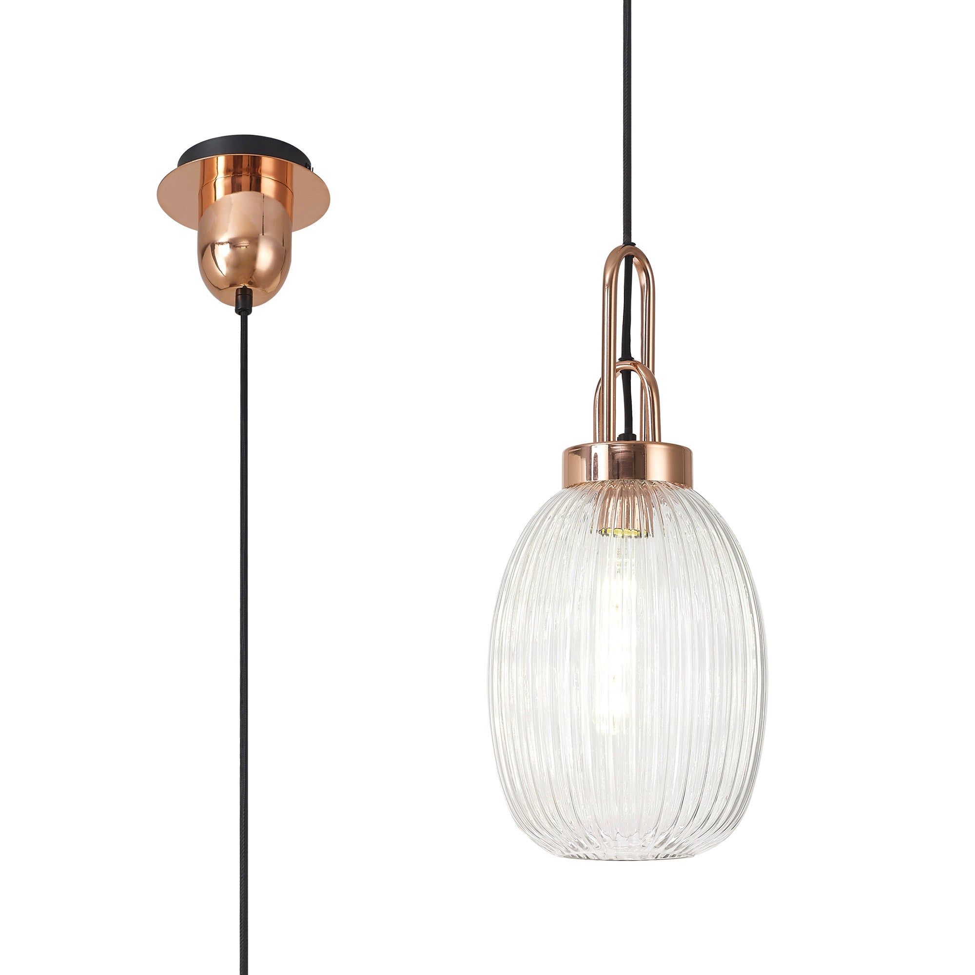 Cadiz 1 Light Pendant E27 With 20cm Almond Ribbed Glass, Clear Copper/Matt Black