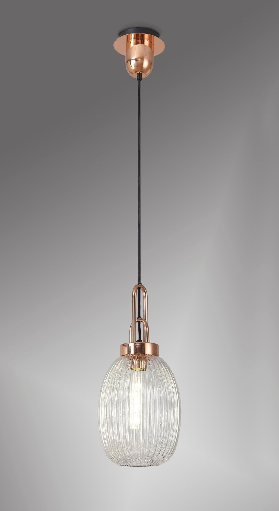 Cadiz 1 Light Pendant E27 With 20cm Almond Ribbed Glass, Clear Copper/Matt Black