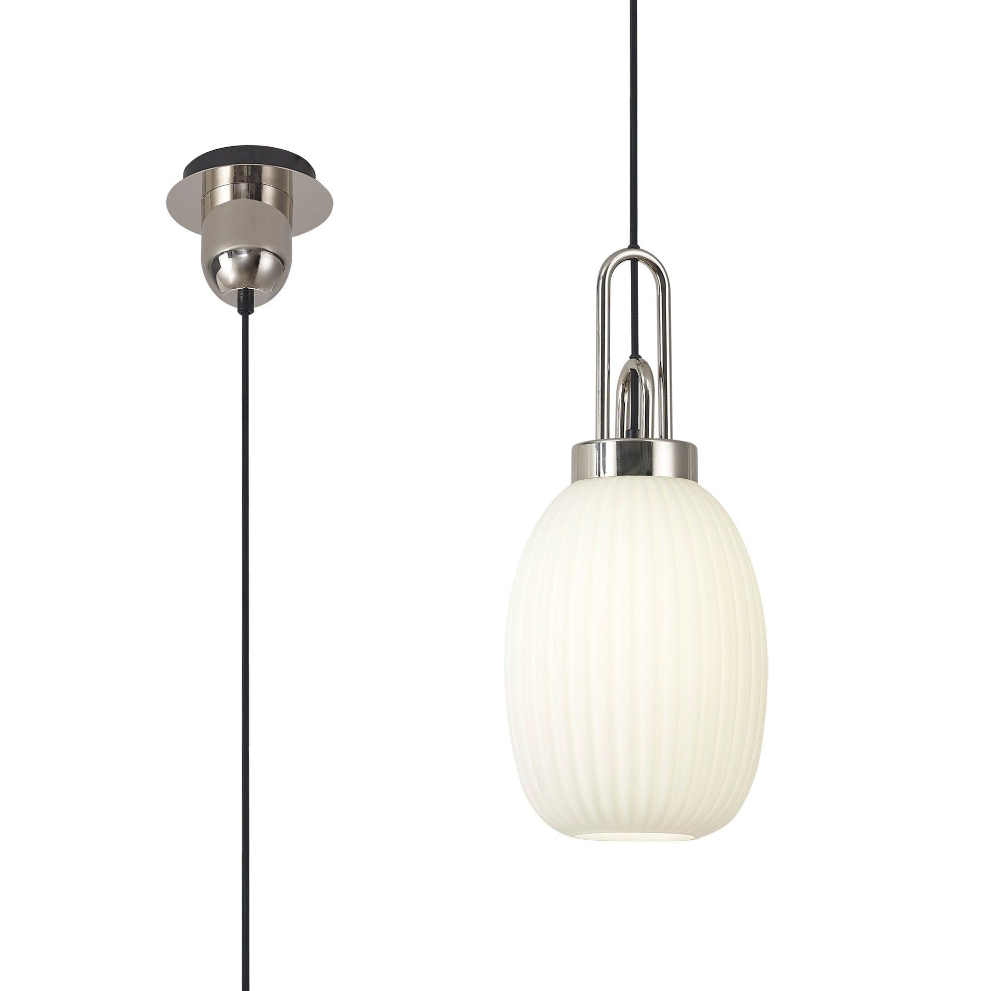 Cadiz 1 Light Pendant E27 With 20cm Almond Ribbed Glass, Opal Polished Nickel/Matt Black