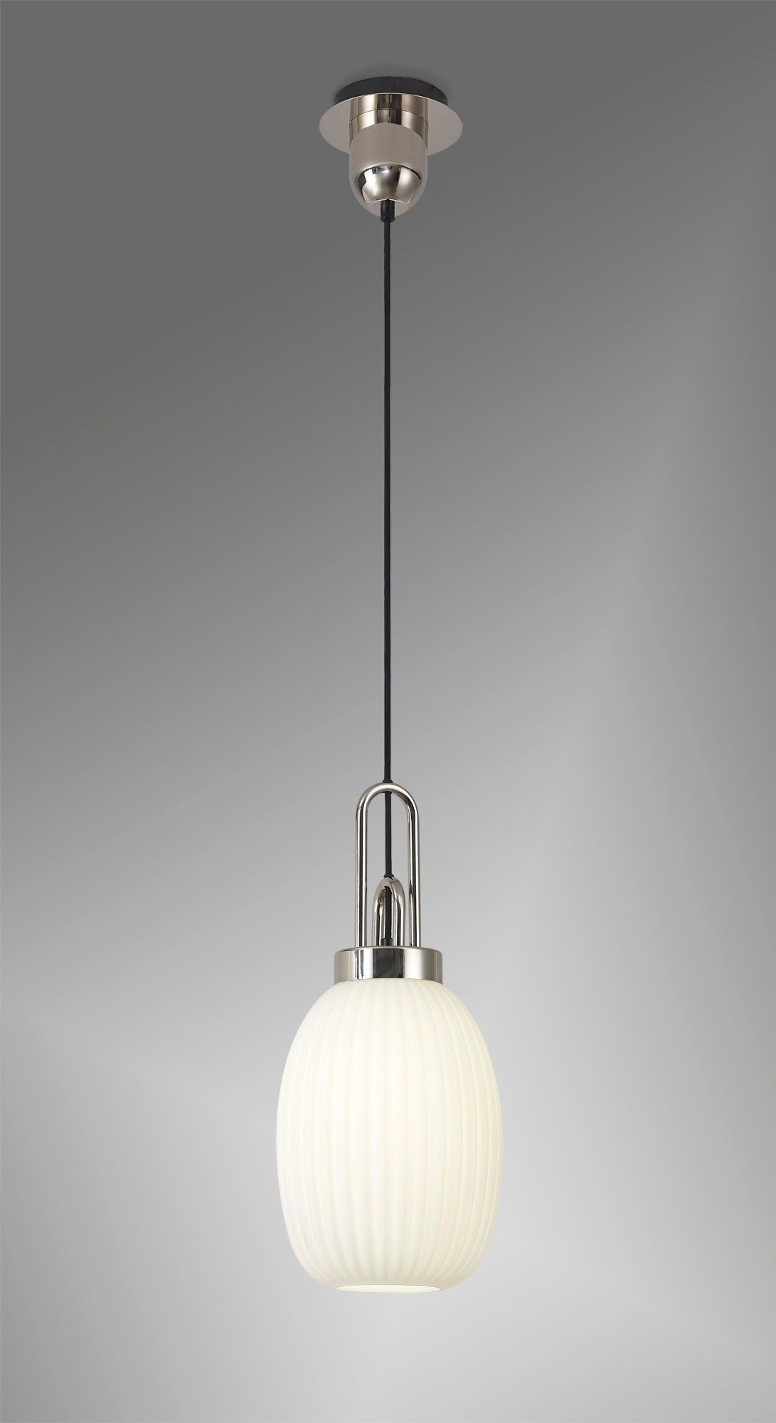 Cadiz 1 Light Pendant E27 With 20cm Almond Ribbed Glass, Opal Polished Nickel/Matt Black